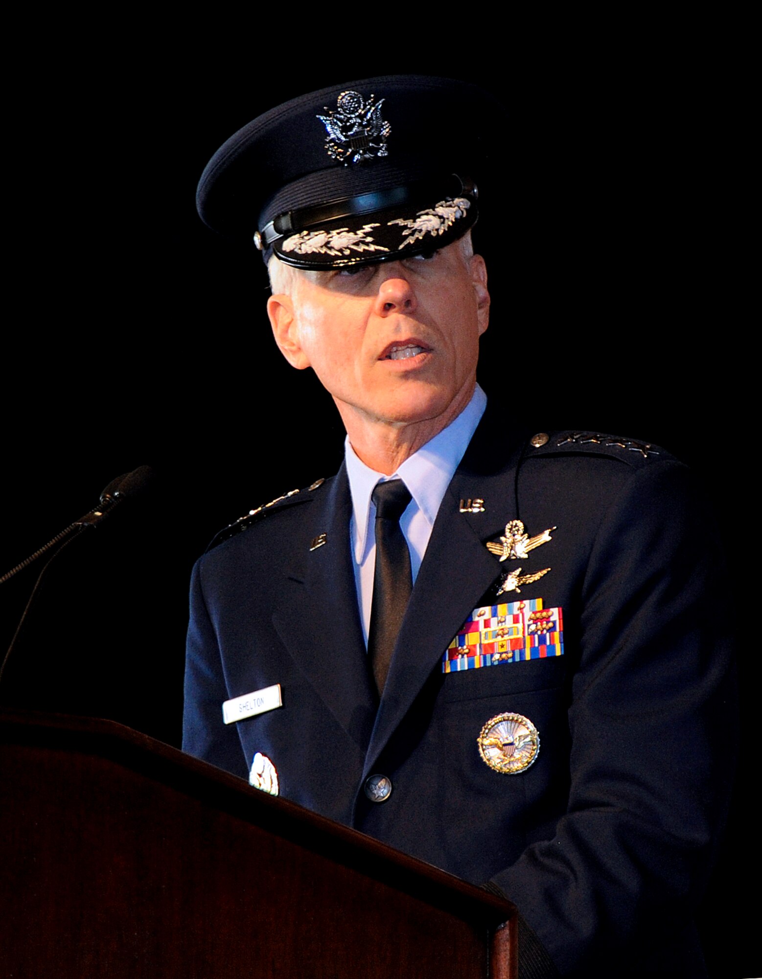 Gen. William L. Shelton, Commander, Air Force Space Command, addresses those present during the AFSPC change of command at Peterson Air Force Base. Upon acceptance of command General Shelton said, “I’ve been in and out of AFSPC since 1986, so to have the good fortune to come back to command this great organization is truly a special privilege.”He has become the 15th commander of AFSPC Jan. 5. (Air Force photo/Duncan Wood)