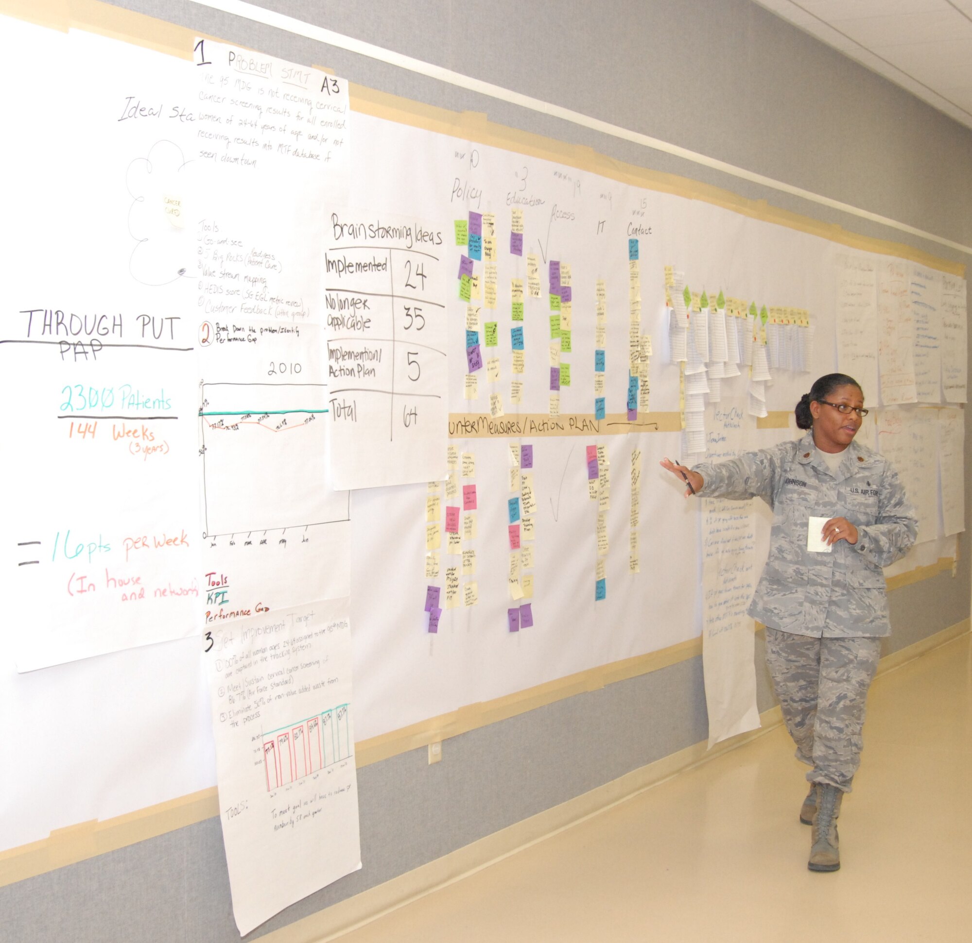 Maj. Sherry Johnson, 95 MDG Healthcare Integrator, stands in front of a brainstorming board during a Green Belt course outbrief for Edwards AFSO21 representatives Dec. 17.  The course is part of a certification process for AFSO21 unit representatives around base.  AFSO21 was started in 2005 to help Air Force units improve their business practices by eliminating waste and non-value added steps during processes.  (Air Force photo by Kenji Thuloweit)