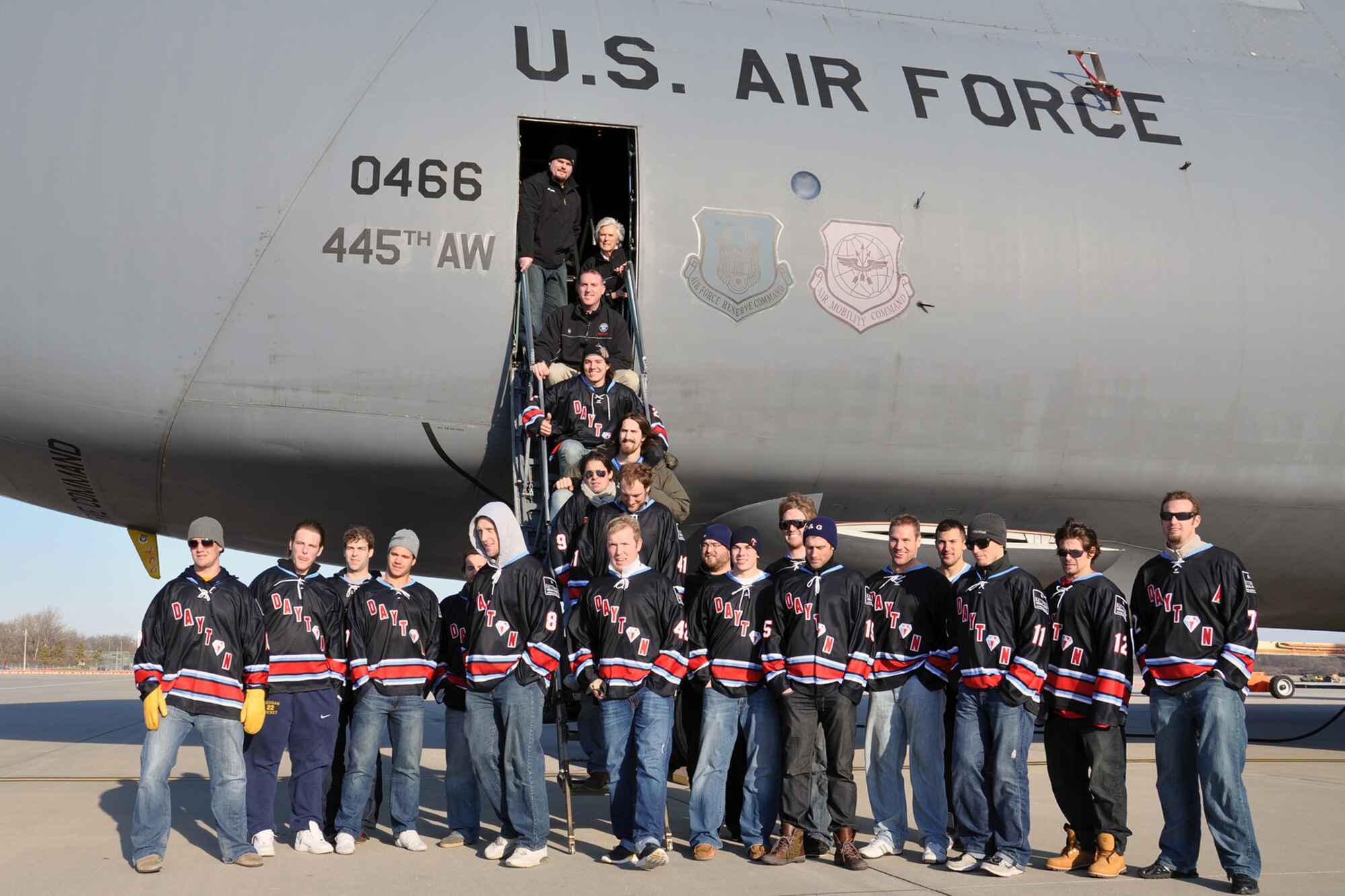 WRIGHT-PATTERSON AIR FORCE BASE, Ohio – Twenty-five players and staff from the Dayton Gems Hockey Team toured a 445th Airlift Wing C-5 Galaxy Jan. 4 as part of their visit to Wright-Patterson Air Force Base. (U.S. Air Force photo/Senior Airman Mikhail Berlin)
