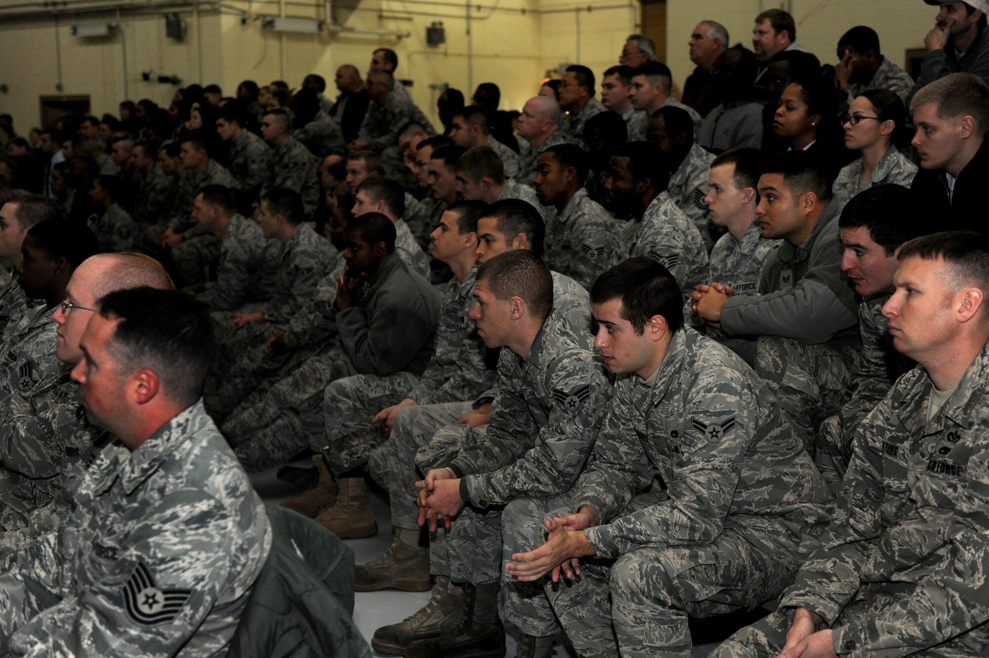 MOODY AIR FORCE BASE, Ga.-- The 23rd Wing was separated into three groups to attend the safety brief during the Wing Safety Day Jan. 3. The brief reflected on safety mishaps during 2010 and set goals for 2011. (U.S. Air Force photo/Airman 1st Class Benjamin Wiseman)(RELEASED)