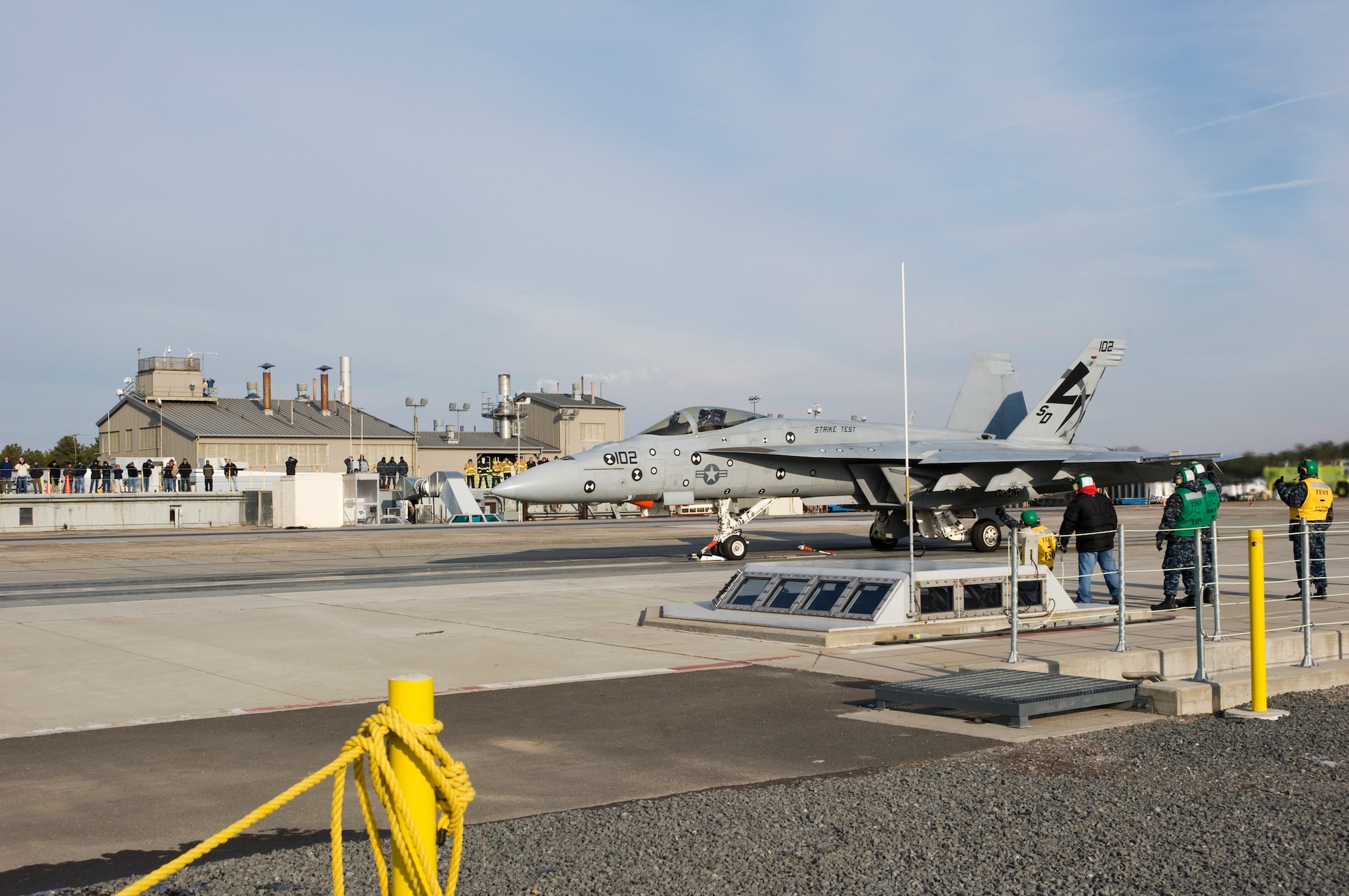 The Electromagnetic Aircraft Launch System launchs its first F/A-18E Super Hornet Dec. 18 at the Joint Base McGuire-Dix-Lakehurst test site at Lakehurst. (U.S. Navy photo/Kelly Schindler)