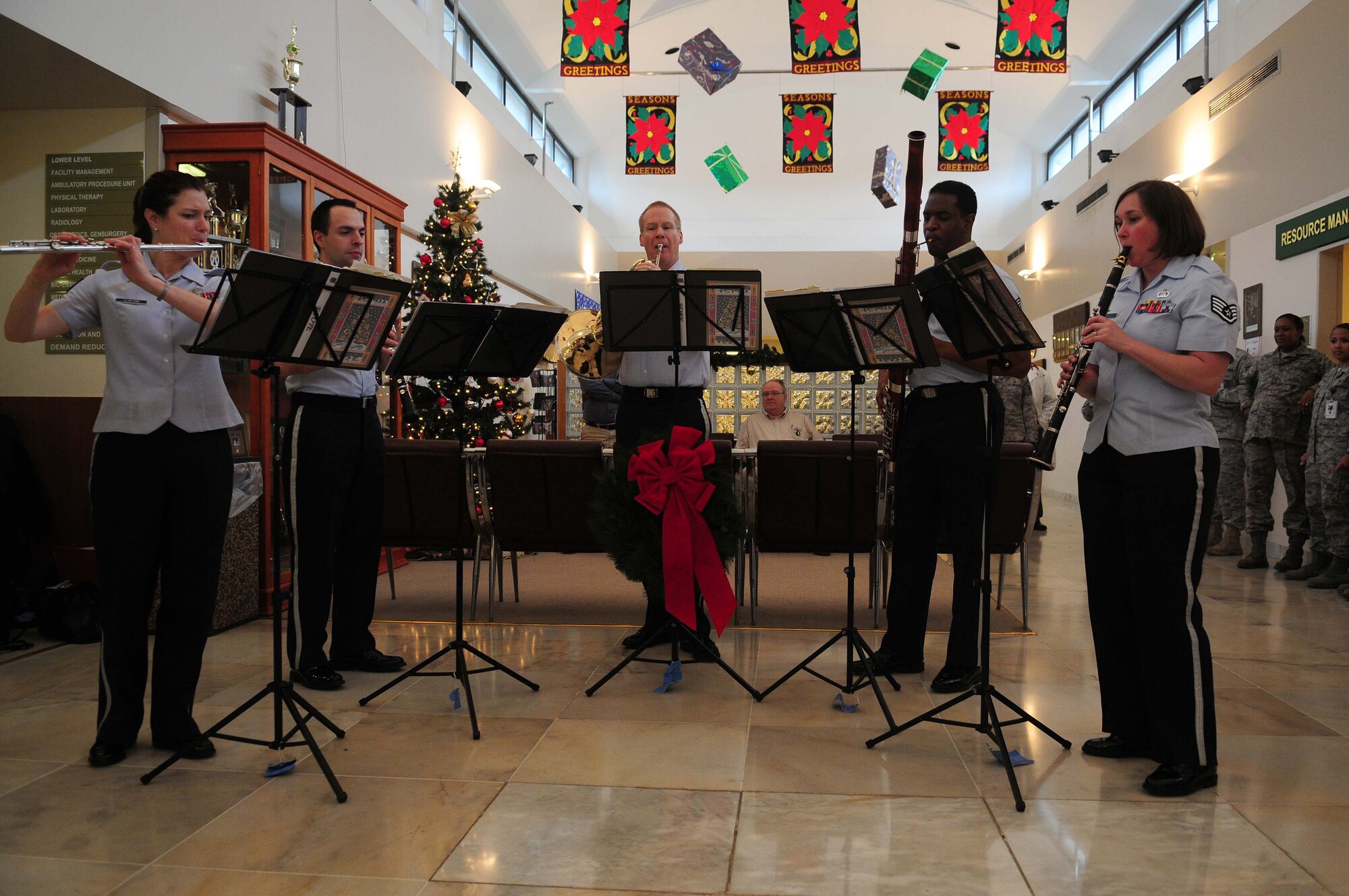 Winds Aloft Woodwind Quintet, a premier component of the USAFE Band, performs for the 39th Medical Group Dec. 16, 2010 at Incirlik Air Base, Turkey.  Winds Aloft, a five-member ensemble from the USAFE band, visited Incirlik to spread holiday cheer to Airmen and their families.  (U.S. Air Force photo by Senior Airman Ashley Wood/Released)