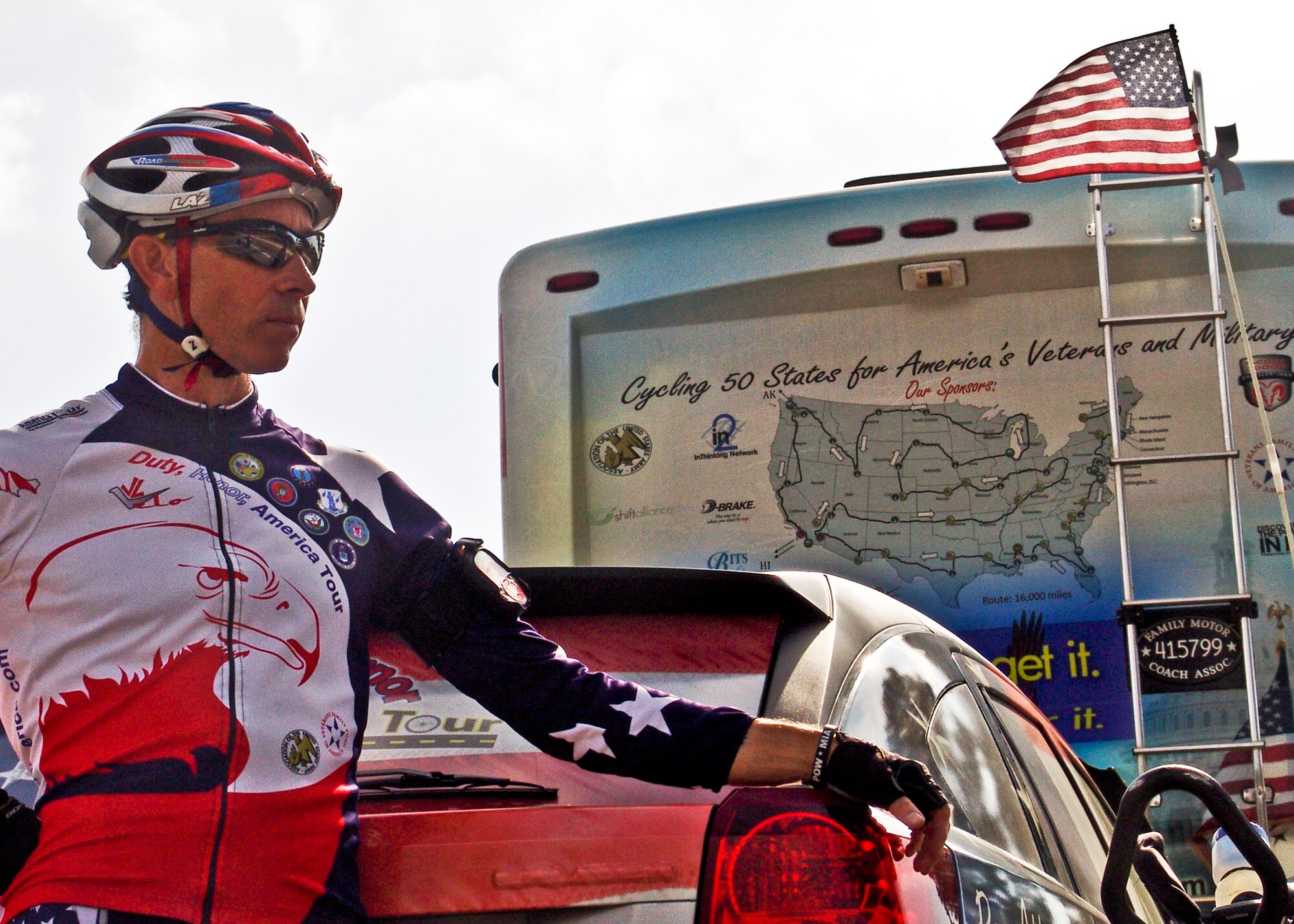 Doug Adams, cyclist for Duty Honor America tour, prepares to cycle to his next city from the Air Force Armament Museum.  Mr. Adams and his wife Deb Lewis are in the southern region of their cyclist tour across America raising awareness for veteran and military advocacy. (U.S. Air Force photo/Sachel Seabrook)

 
