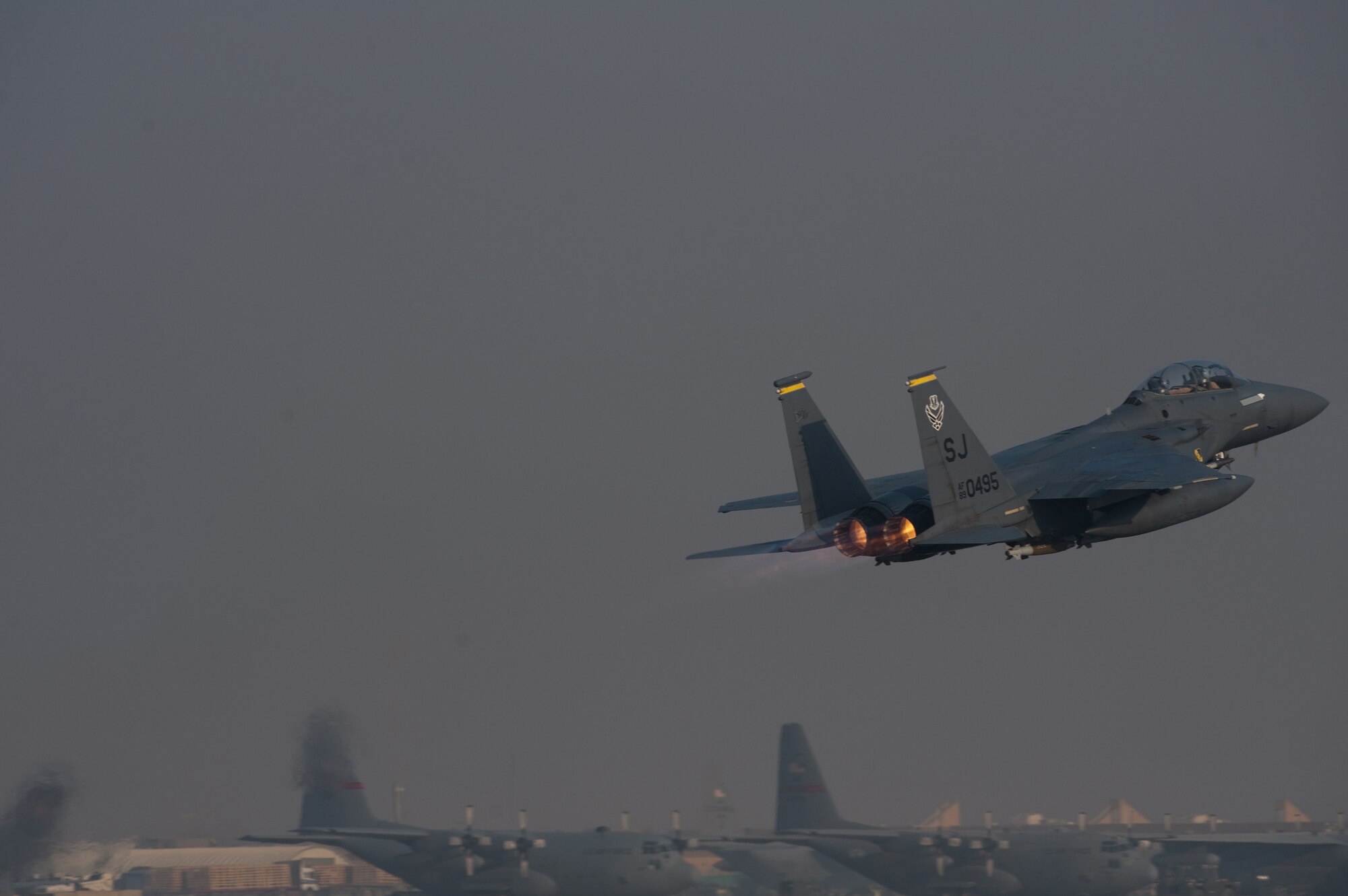 An F-15E, Strike Eagle takes off on a mission from Bagram Airfield, Afghanistan, Jan. 4, 2011. The 336th Expeditionary Fighter Squadron preforms close air support missions within the local area and is deployed from Seymour Johnson Air Force Base, N.C. (U.S. Air Force by Staff Sgt. Robert Barney)