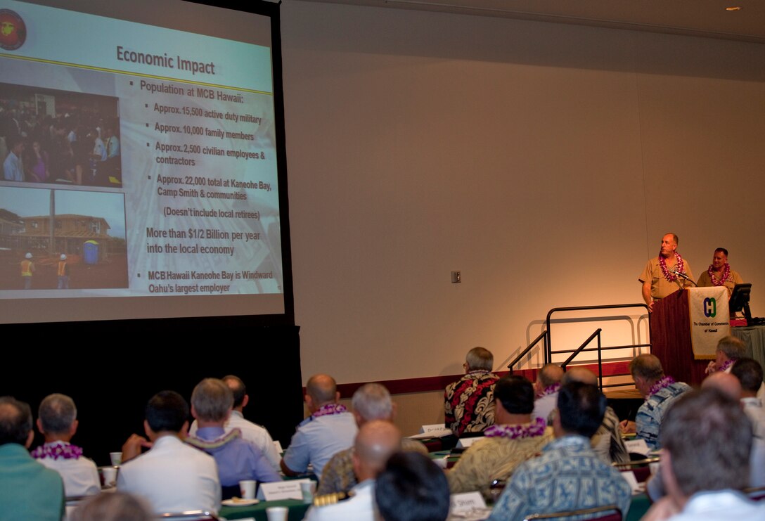 Col. Robert D. Rice, Marine Corps Base Hawaii commander, briefs a crowd of military and civilian partners on the beneficial economic impact Hawaii-based Marine installations have on the community during the 10th Annual Hawaii Military Partnership Conference Jan. 6 at the Hawaii Convention Center, here. During the event, Rice also announced MCBH’s plan to be gasoline-free by 2020 in an effort to lessen Hawaii’s dependency on an oil-based economy.