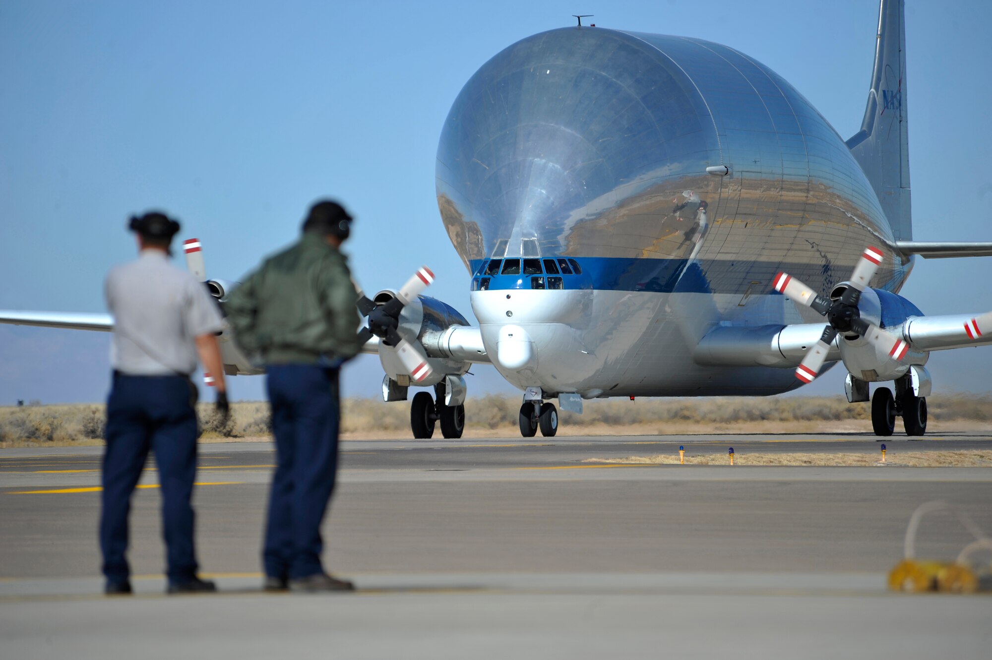 HOLLOMAN AIR FORCE BASE, N.M. -- A NASA Super Guppy aircraft taxies in after flight Dec. 14, 2010. The aircraft transported two T-38 Talons, which are the first two of 15 to be shipped here. The U.S. aircraft were used by the Republic of South Korea for training until 2009 and will now be regenerated and used as fifth generation fighter support. M1 Support Services here will regenerate theT-38s before they are sent to Joint Base Langley-Eustis, Va. (U.S. Air Force photo by Senior Airman Veronica Stamps/ Released)