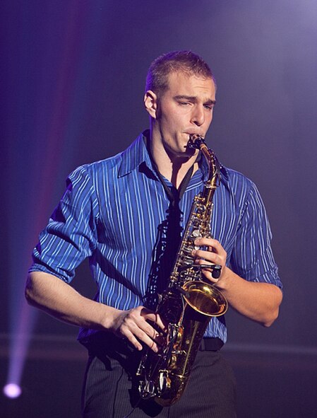 Airman 1st Class Ryan Ratkowski, a draftsman with the 341st Civil Engineer Squadron, performs on the saxophone during the Worldwide Talent Contest at Lackland Air Force Base, Texas, in December. He was one of four Airmen from Malmstrom selected for the 2011 Tops In Blue entertainment troupe. (Courtesy photo)