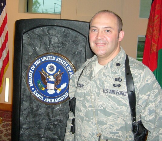 Lt. Col. Tony Millican, 98th Mission Support Group deputy commander, stops for a picture after attending a briefing given by Adm. Mike Mullen, Chairman of the Joint Chiefs of Staff, at the U.S. Embassy in Kabul, Afghanistan, during his 2009 deployment.  Due to his outstanding leadership, Colonel Millican has been selected to be one of the four recipients of the 2010 Air Force Lance P. Sijan Award. (Courtesy photo)