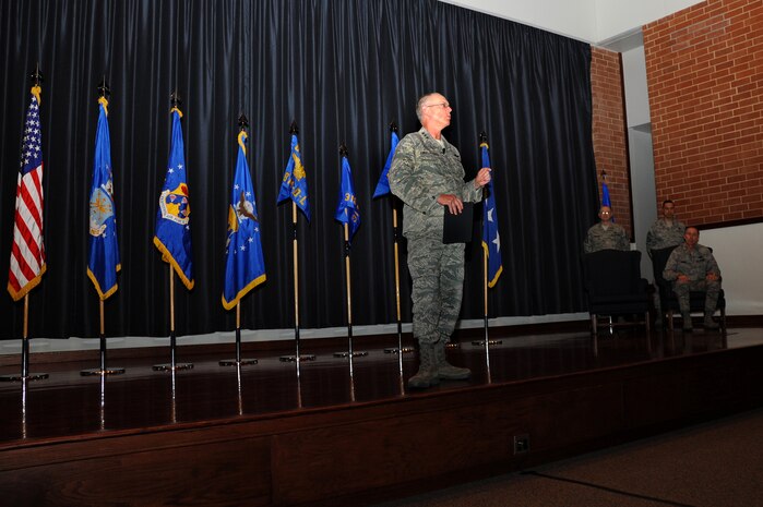 Lt. Gen. Robert Allardice, 18th Air Force commander, addresses the crowd prior to the transer of command of five Air Mobility Command units to the U.S. Air Force Expeditionary Center during a re-alignment ceremony at Joint Base McGuire-Dix-Lakehurst, N.J. Jan. 6. The Expeditionary Center assumed command of five former 18th Air Force units as part of re-structuring within Air Mobility Command. (U.S. Air Force photo by Staff Sgt. Veuril McDavid/Released) 