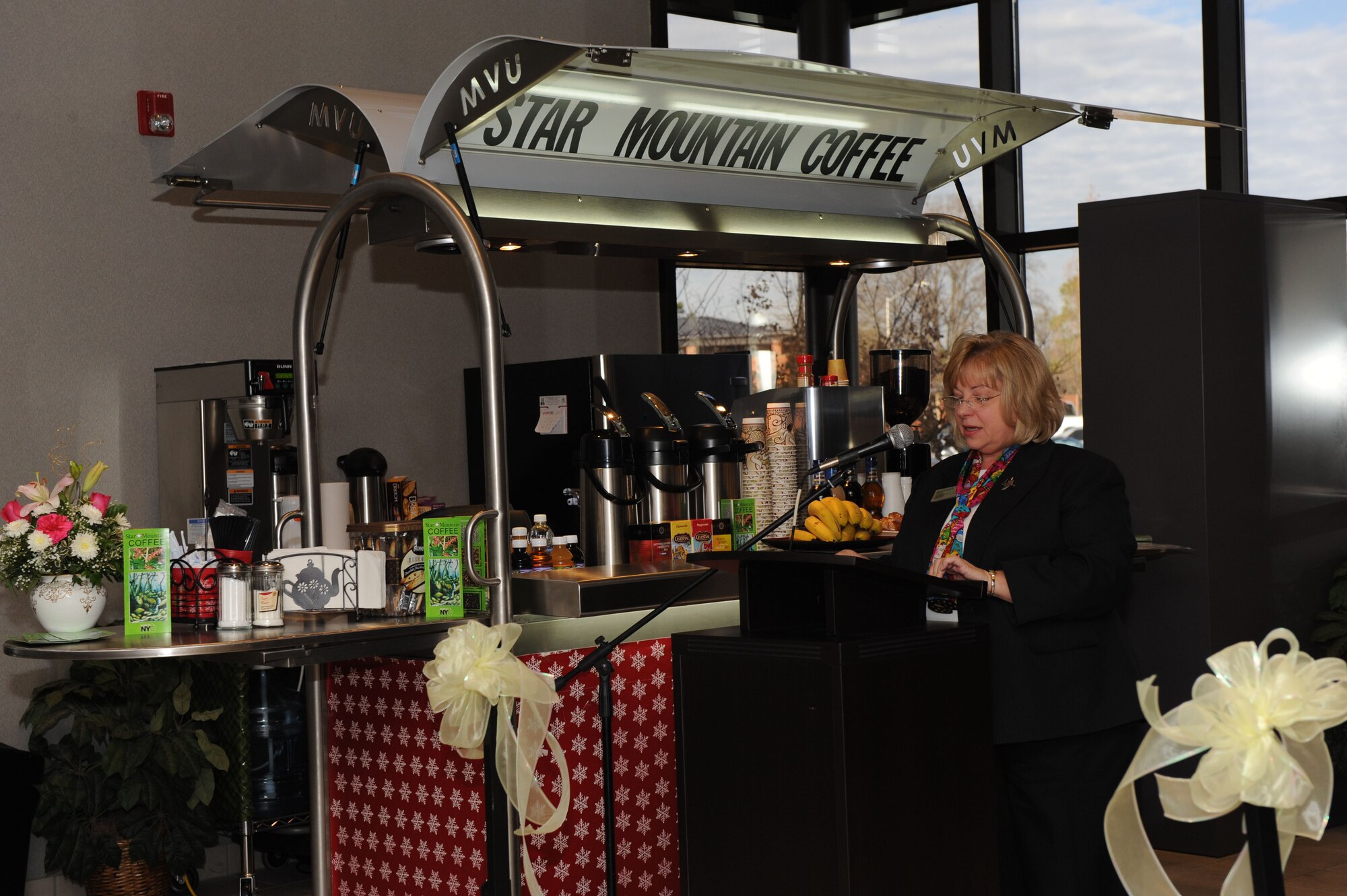 SEYMOUR JOHNSON AIR FORCE BASE, N.C. - Linda Edsall-Huard, 4th Force Support Squadron flight chief, speaks at the grand opening of The Star Mountain Coffee Shop Jan. 4, 2011, at the Watkins-Das Learning Center. The coffee shop is a result of both students and patrons of the learning center and the Airmen’s Task Force lobbying to have the option to grab a snack while attending classes without having to leave the center. The coffee shop is open from 7:30 a.m. to 8 p.m. Monday through Friday from (U.S. Air Force photo/Staff Sgt. Courtney Richardson)