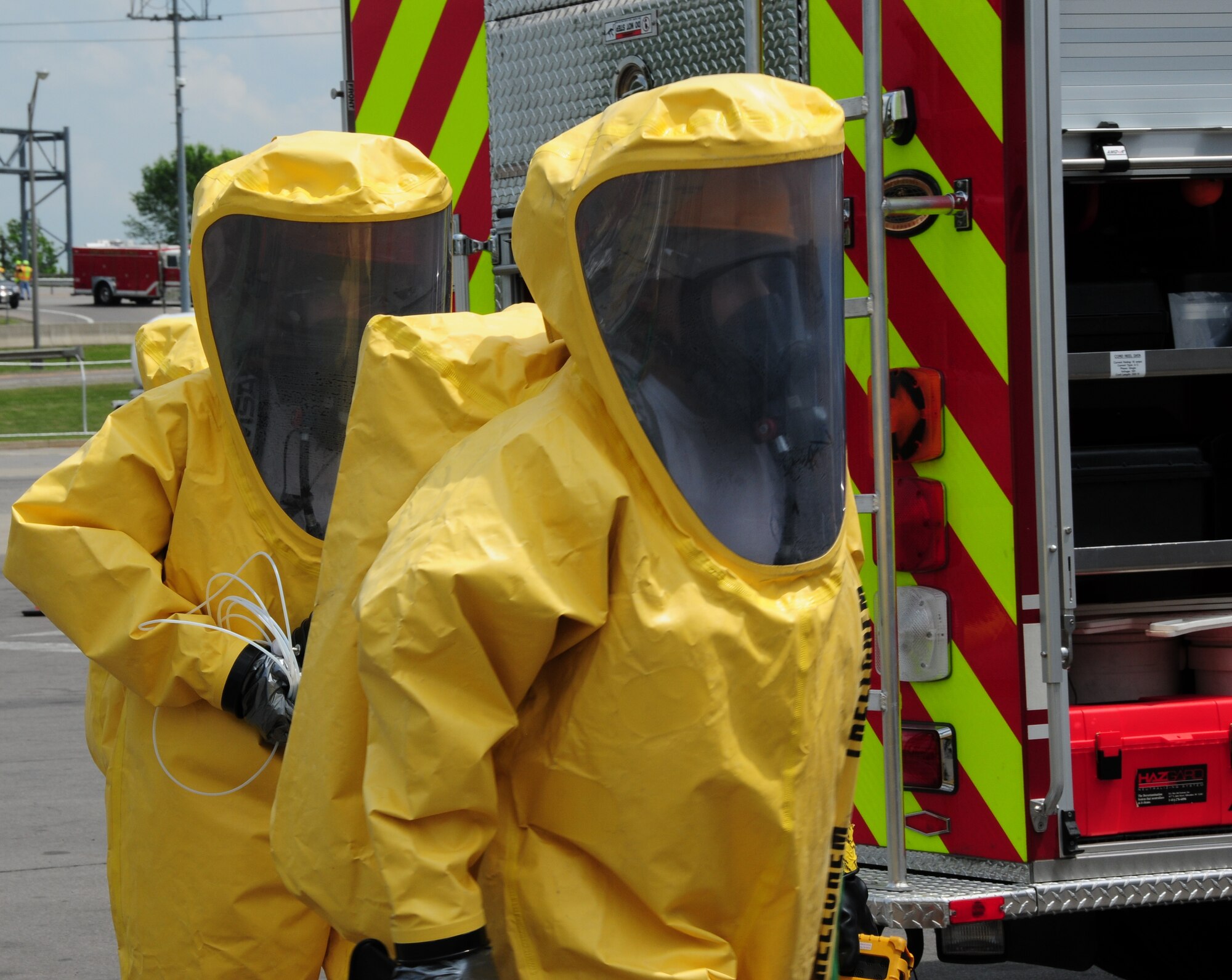 Incase of a HAZMAT incident at the 2011 World Junior Hockey Tournament games held at Niagara University’s Dwyer Arena in Lewiston, N.Y, December 26 through January 5, Niagara Falls Air Reserve Station fire fighters  would don proective suits like the ones pictured above inorder to assist with rendering a HAZMAT area safe. 