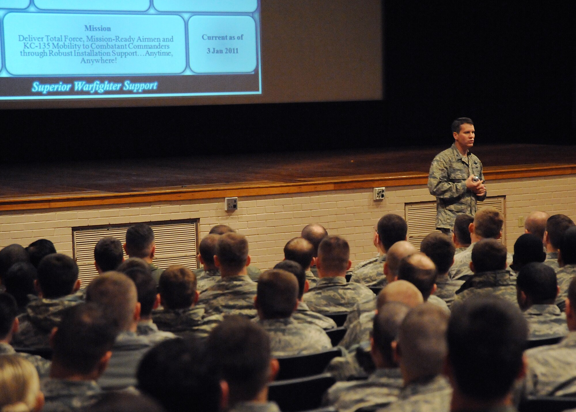Col. Jamie Crowhurst, 22nd Air Refueling Wing commander, speaks at a commander’s call held in the base theater Jan. 5, 2011, McConnell Air Force Base, Kan.  During commander’s calls, the commander recognizes Airmen for their outstanding work and speaks to base personnel about current and upcoming missions and events.  (U.S. Air Force photo/Airman 1st Class Katrina M. Brisbin)