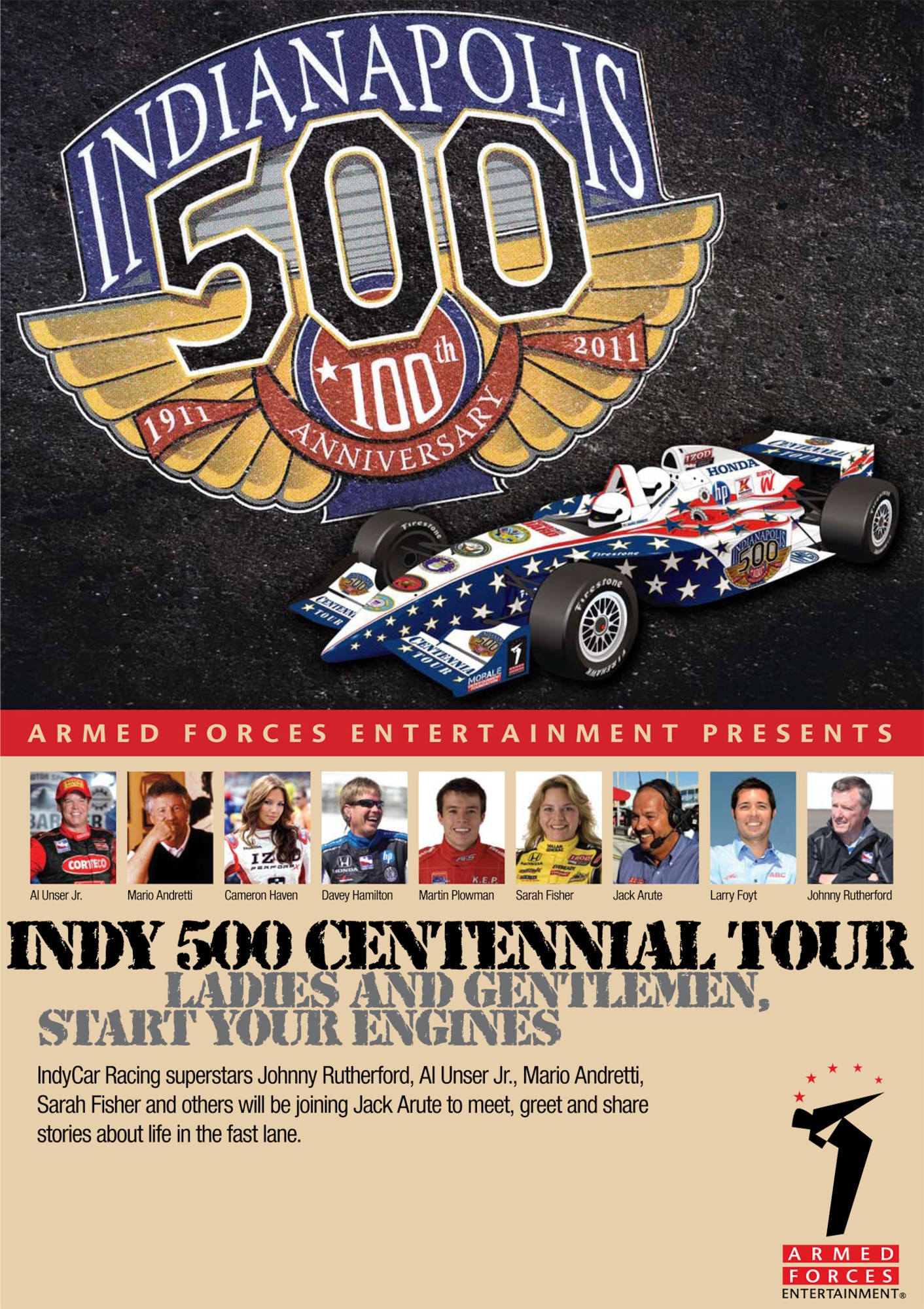 In celebration of the 100th anniversary of the Indianapolis 500-mile race this year, Armed Forces Entertainment (a Department of Defense agency) and the Morale Entertainment Foundation are coordinating the Indy 500 Centennial Tour to visit American troops serving overseas. The tour will visit the Galaxy Club at RAF Mildenhall Jan. 21 at 7 p.m. Entry is free and open to base ID cardholders, but by ticket only. Tickets are available from the Bob Hope Community Center. There will be panel discussions and questions, along with the opportunity to meet, greet and take photos of drivers including Mario Andretti, Al Unser Jr., Johnny Rutherford and Larry Foyt, along with racing announcer Jack Arute. (Courtesy graphic)