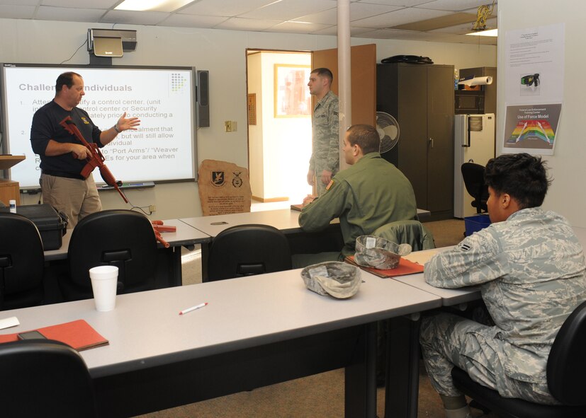 DYESS AIR FORCE BASE, Texas – Glenn Mitchell, 7th Security Forces Squadron trainer, teaches members of the 317th Airlift Group challenge procedures Jan. 5 during a security forces augmentee course held at the 7 SFS training building here. Members of the 317 AG are trained to be 7 SFS augmentees to provide additional installation security. (U.S. Air Force photo/Senior Airman Jenifer H. Calhoun)