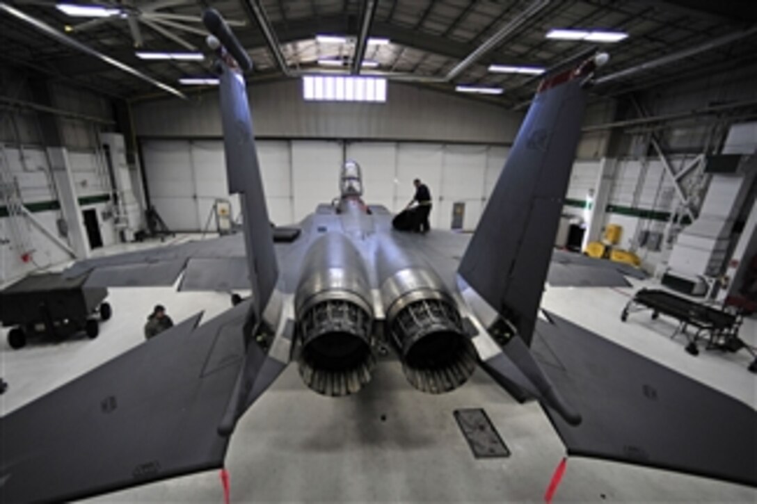 Tech. Sgt. Shawn Merchant, a crew chief with the 4th Aircraft Maintenance Squadron, removes foreign object inspection mats from an F-15E Strike Eagle at Seymour Johnson Air Force Base, N.C., on Dec. 15, 2010.  The aircraft is assigned to the 4th Fighter Wing.  