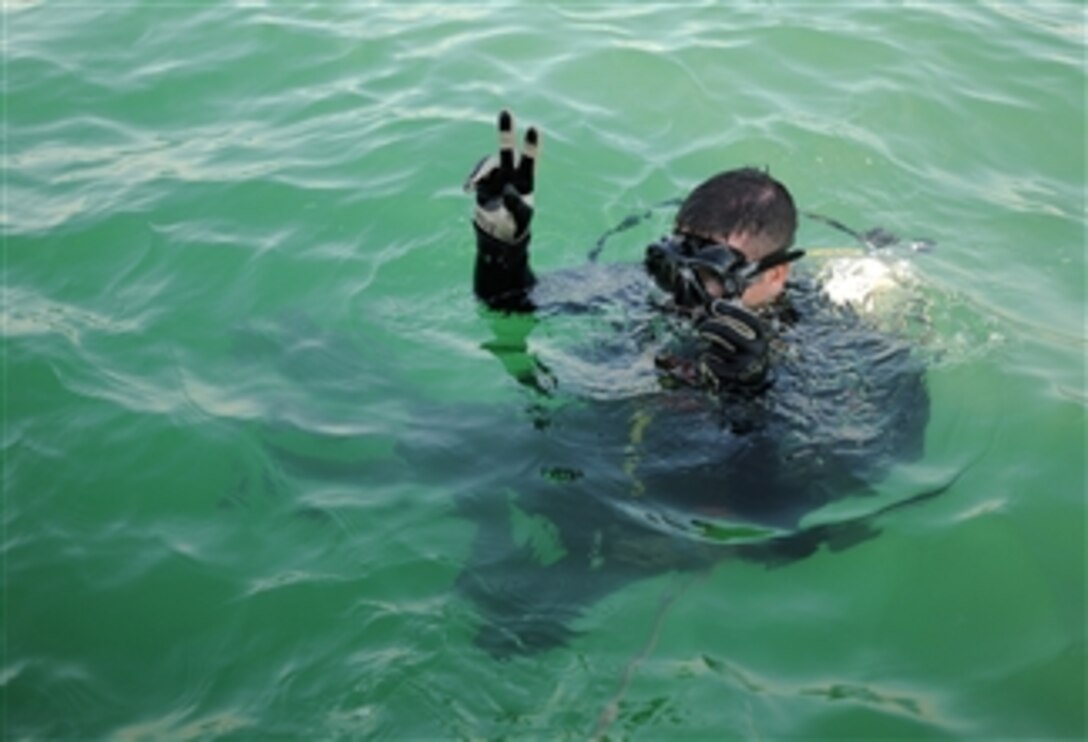 U.S. Navy Senior Chief Joseph Pendino, assigned to Mobile Diving and Salvage Unit 2, signals before diving under water while conducting an anti-terrorism force protection dive at Mina Salman Pier in Bahrain on Dec. 29, 2010.  Sailors with the salvage unit were deployed with Commander, Task Group 56.1, providing maritime security operations and theater security cooperation efforts in the U.S. 5th Fleet area of responsibility.  
