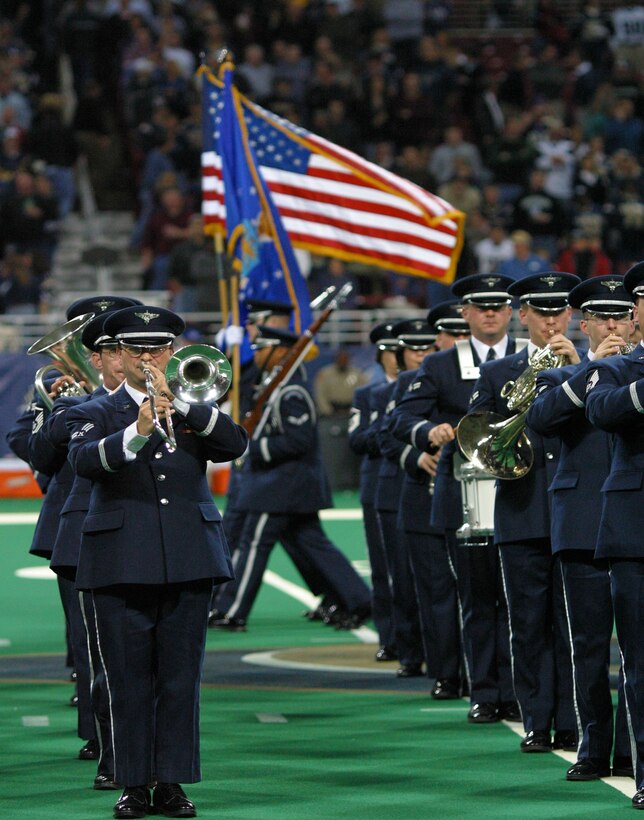 The Ceremonial Band plays the Armed Services Medley, an arrangement of all the US service songs as members of the Honor Guard march by during the St. Louis Rams' annual Veterans Day Appreciation game. The Ceremonial Band is made up of members from the USAF Band of Mid-America which is based out of Scott Air Force Base, Illinois.