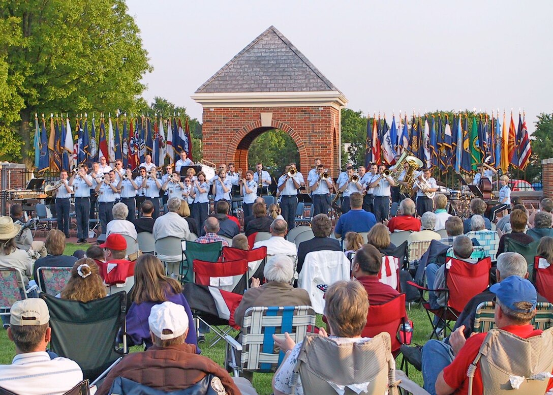 The USAF Band of Mid-America’s Concert Band performs a patriotic number at the parade field at Scott Air Force Base. The Band of Mid-America which is based out of Scott Air Force Base is one of two regional bands assigned to Air Mobility Command.