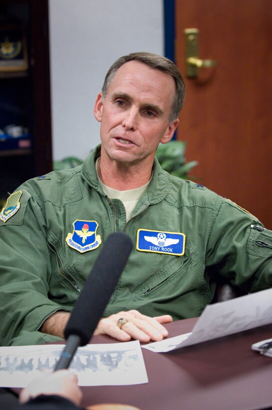 Brig. Gen. Anthony Rock, former commandant of Air Command and Staff College, answers questions from Alabama Public Radio reporter Ryan Vasquez about the general's culture and language preparations for his command in Iraq. General Rock had spent a week in Iraq to familiarize himself with his new command following two weeks of intense Arabic language training. Col. Stephen T. Denker will assume command of ACSC next week. (Air Force photo/Melanie Rodgers Cox)