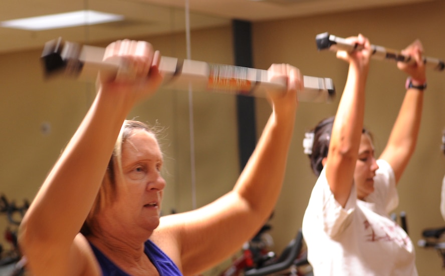 MOODY AIR FORCE BASE, Ga. -- Debbie McDaniel and Kristy Edmondson, military spouses, exercise at the new Aerobics Center Jan. 7. The center was built to provide a separate area for aerobics classes and other physical activities. (U.S. Air Force photo/Airman 1st Class Douglas Ellis)(RELEASED)
