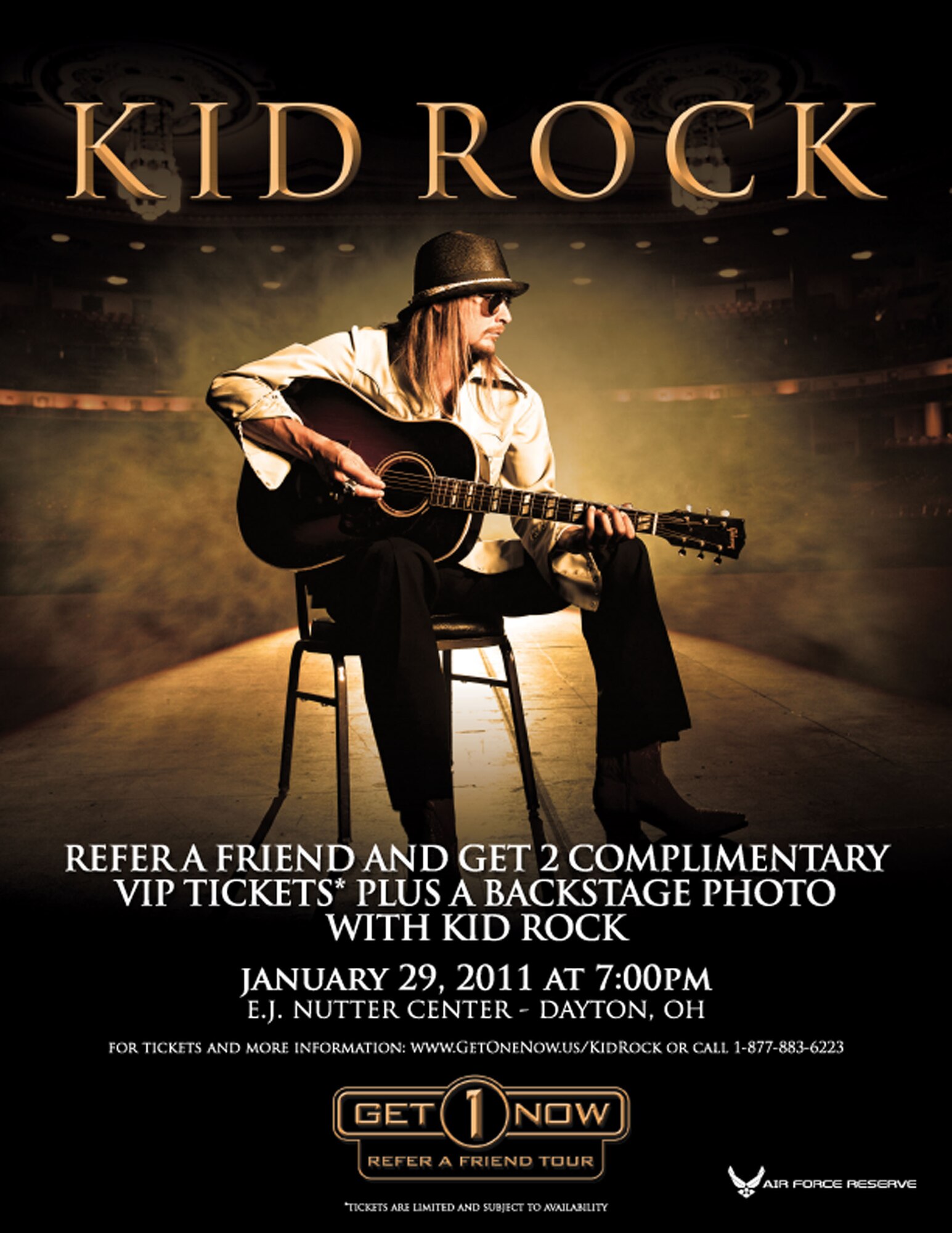 WRIGHT-PATTERSON AIR FORCE BASE, Ohio - Get 1 Now program offers two free tickets to see Kid Rock's performance at the E.J. Nutter Center, Fairborn, Ohio, Jan. 29.