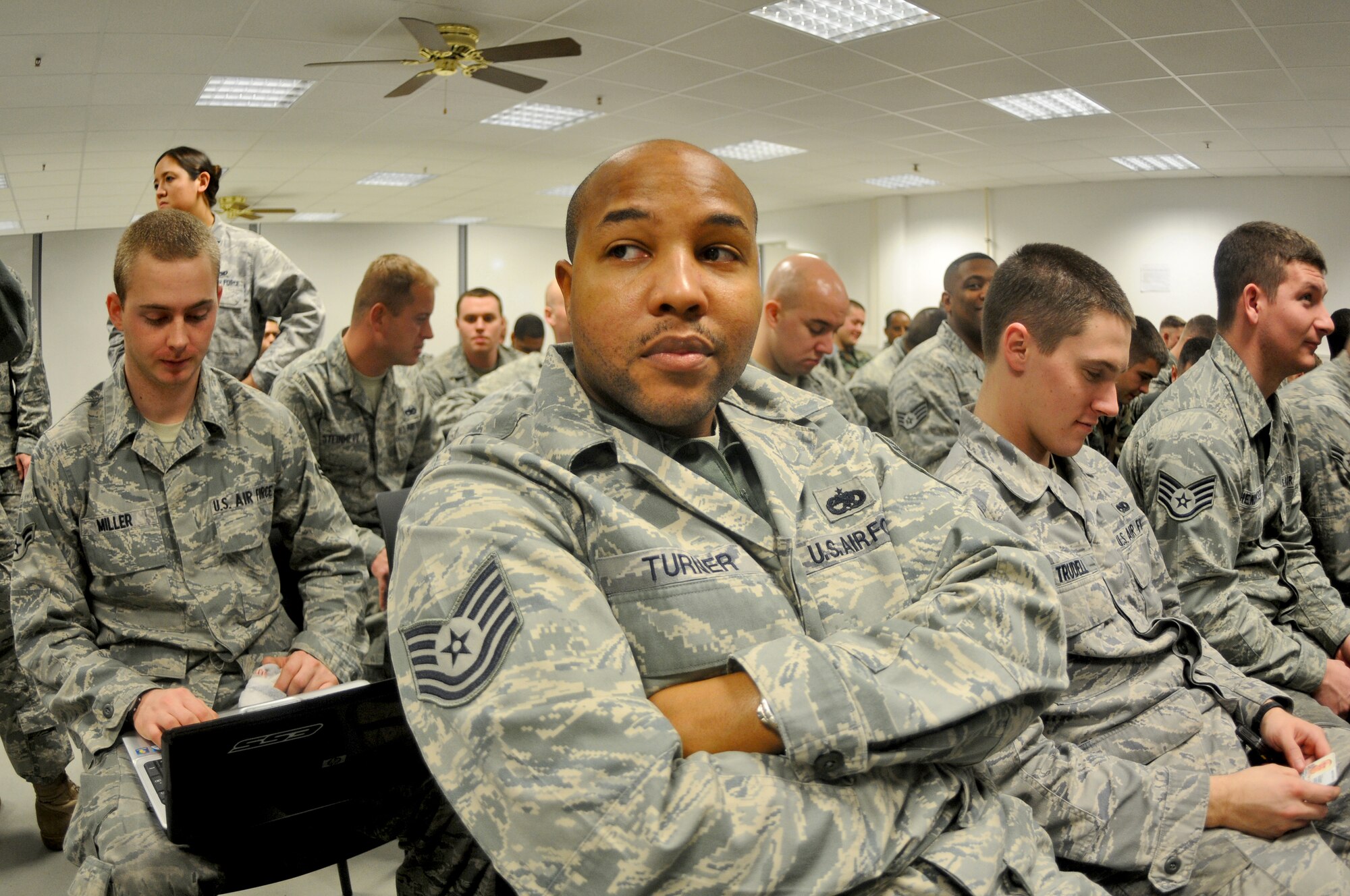 SPANGDAHLEM AIR BASE, Germany – Airmen from the 480th Fighter Squadron await briefings in the 52nd Logistics Readiness Squadron building before leaving for Nellis Air Force Base, Nev., to participate in a Red Flag training exercise Jan. 7. The 480th FS will participate in Red Flag from Jan. 22 – Feb. 4. (U.S. Air Force photo/Senior Airman Nick Wilson)