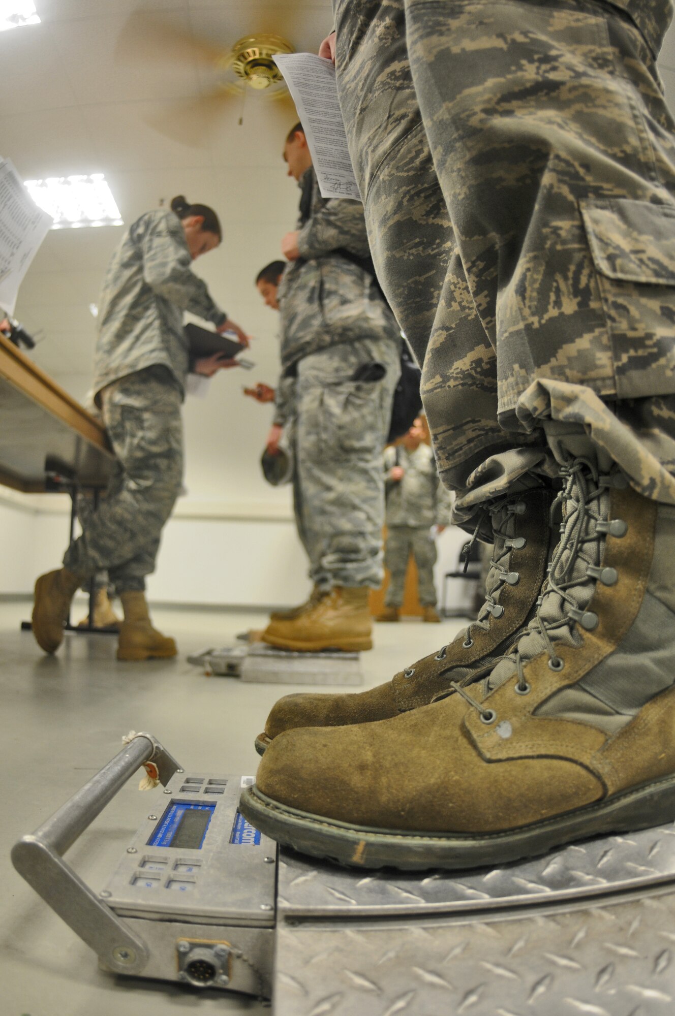 SPANGDAHLEM AIR BASE, Germany – An Airman from the the 480th Fighter Squadron is weighed in the 52nd Logistics Readiness Squadron building before being flown to Nellis Air Force Base, Nev., to participate in a Red Flag training exercise Jan. 7. The 480th FS will participate in Red Flag from Jan. 22 – Feb.  4. (U.S. Air Force photo/Senior Airman Nick Wilson)