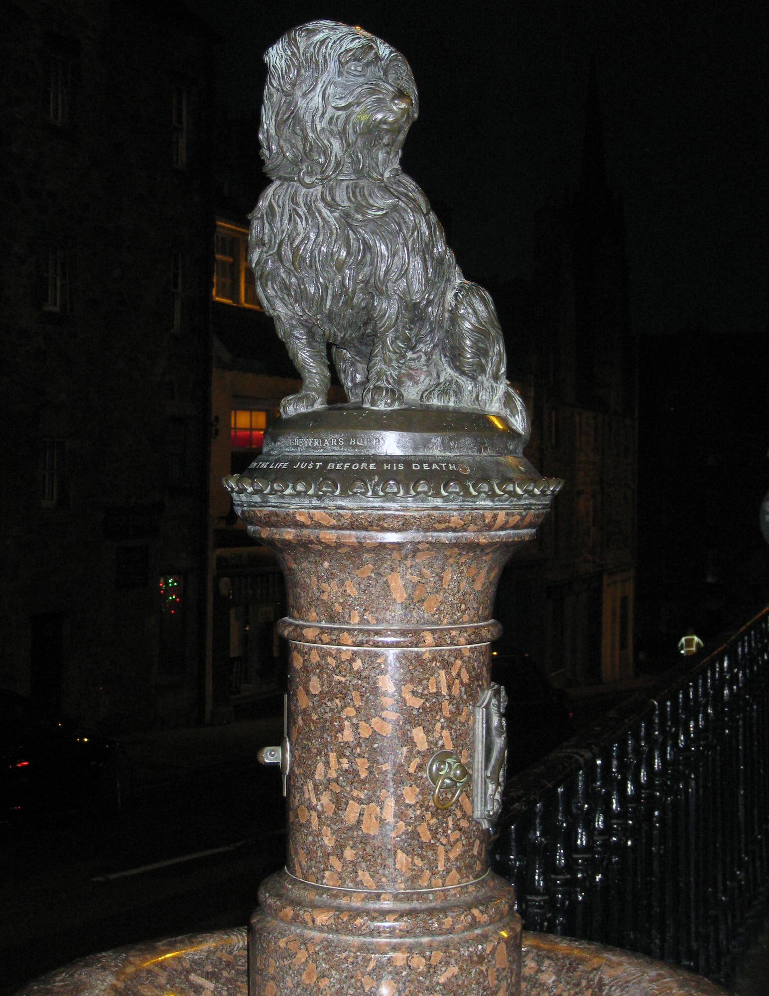 Greyfriars Bobby remained loyal to his master, John Gray, even after John's death in 1858. For 14 years, faithful Bobby kept constant watch over the grave until his own death on Jan 14, 1872. William Brodie sculpted this life-sized statue of Greyfriars Bobby, and it was unveiled without ceremony in November 1873, opposite Greyfriars Kirkyard. It sits at the corner of Edinburgh's Candlemaker Row and George IV Bridge so that Scotland’s capital city will always remember its most famous and faithful dog. (U.S. Air Force photo by Staff Sgt. Megan Lyon)
