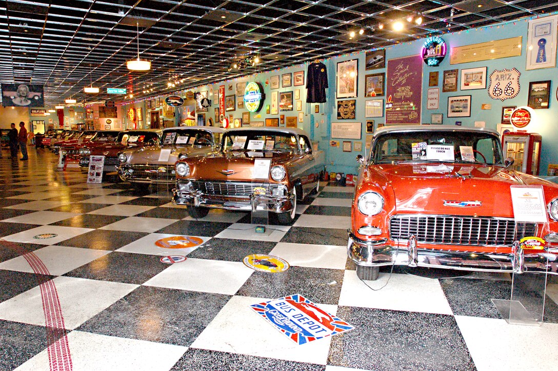 A lineup of fully restored Chevrolet convertibles from 1955 are just some of the privately-owned vehicles of Chuck Spielman, president of Yesterday Classic Autos and Hall of Heroes.  Each of these Chevrolets is an award-winning auto that was the top of the line models for their respective years along with the highest available horsepower.