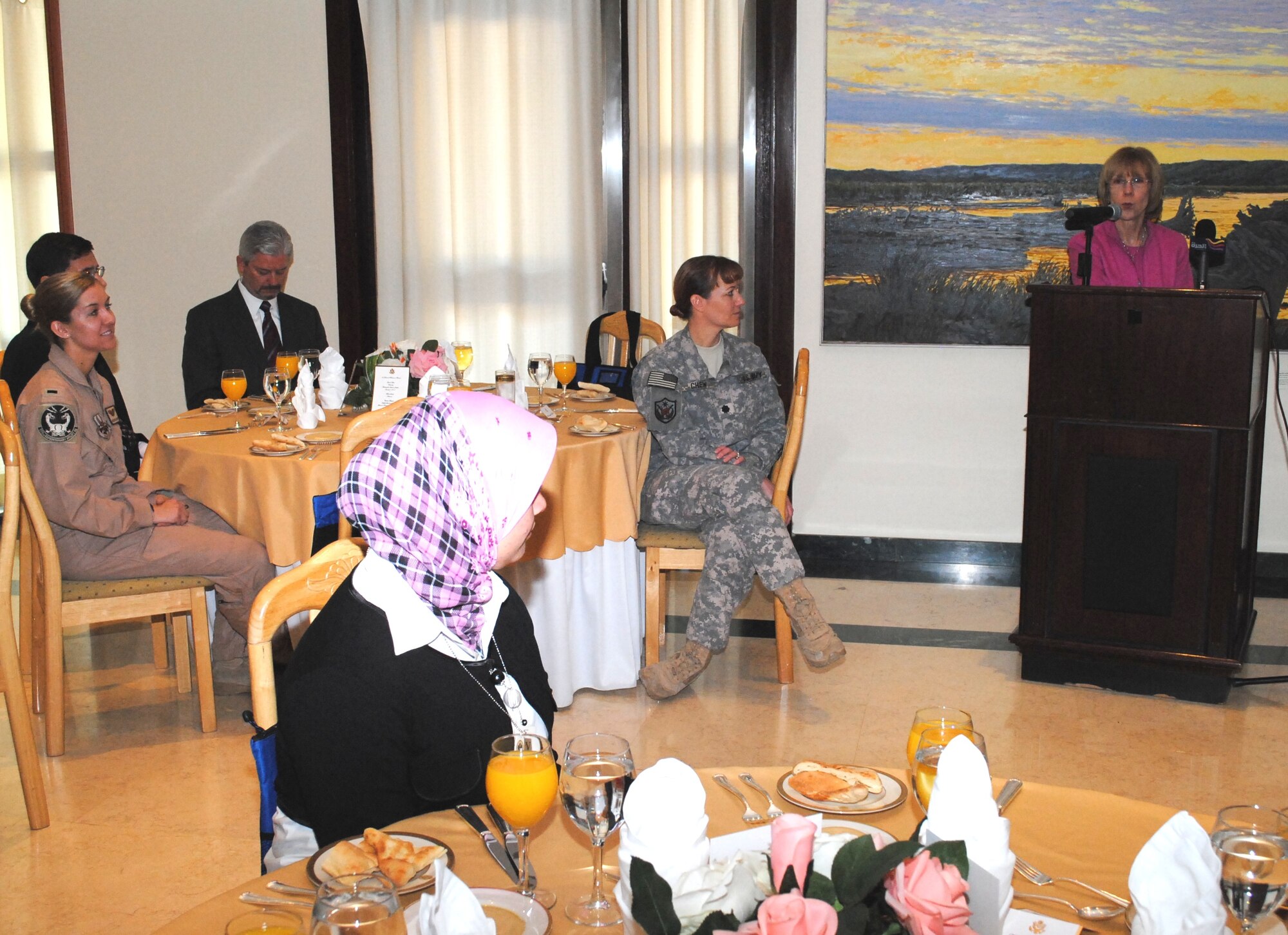 Ambassador Jeanine Jackson, management counselor, speaks to the group of American and Iraqi women to celebrate the accomplishments of Horizon East Women in Aviation, International chapter here in Iraq, Jan. 7, during a luncheon at the U.S. Embassy for the Horizon East Women in Aviation, International chapter here in Iraq. The Women in Aviation, International was established to encourage women to seek opportunities in aviation career fields and interests. (U.S. Army photo by SPC Amie J. McMillan)