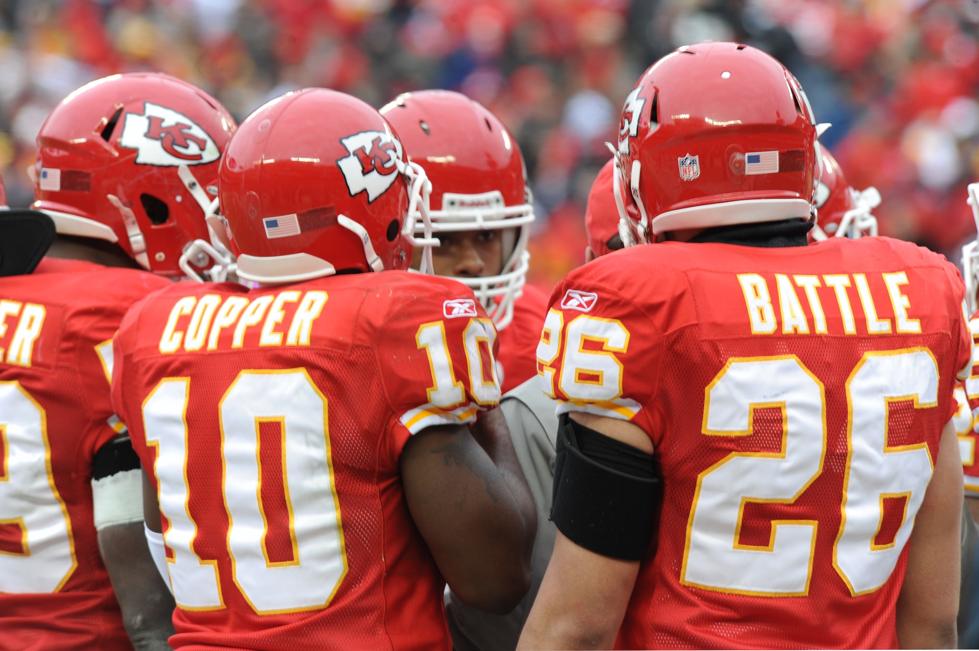 KANSAS CITY, Mo. - Members of the Kansas City Chiefs team huddle with their coordinator, during a National Football League Wild Card game Jan 9. The Chiefs lost to the Baltimore Ravens 30-7. (U.S. Air Force photo by Senior Airman Carlin Leslie)
