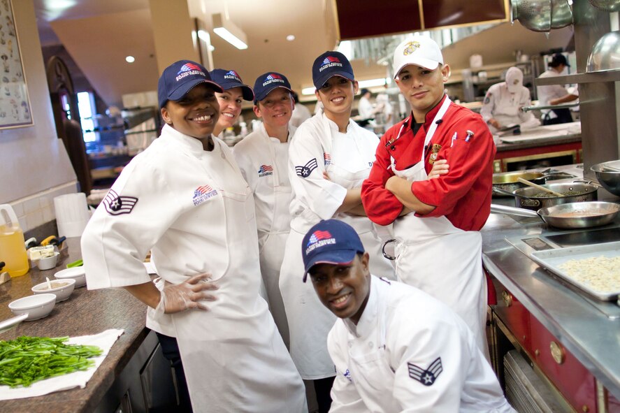 Air Force Reservist Senior Airman Danielle Dunagan, who attended the 4th Annual Hennessy Travelers Association Educational Foundation, Armed Forces Forum for Culinary Excellence Sept. 18-26 in St. Helena, Calif. (center, right), said her time at the Culinary Institute has "opened a door" for her future endeavors. Airman Dunagan is a services specialist assigned to the 302nd Force Support Squadron, based at Peterson Air Force Base, Colo. (Courtesy photo/Marcello Rodarte)