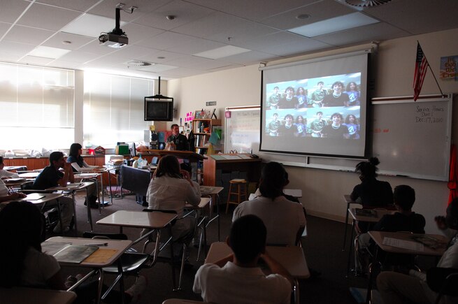 Chief Master Sgt. Dandy Diddle, a certified instructor for the Utah Air National Guard's Drug Demand Reduction program, uses audiovisual information and an interactive approach to teach students at the Glendale Middle School on December 13, 2010, about the damaging effects of drugs in the body and how to say no to them. The DDR program, a National Guard Bureau sponsored counterdrug program, also focuses on promoting a healthy lifestyle, and getting students to think of ways they can find "natural highs." (U.S. Air Force photo by Technical Sergean Kelly K. Collett)(RELEASED)