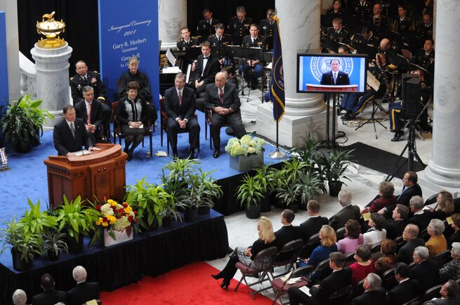 Governor Gary R. Herbert, Utah's seventeenth governor, addresses the audience at his inaugurationon Jan. 3, 2011, at the State Capitol Building in Salt Lake City. Gov. Herbert made it a point to thank the Utah National Guard for all that they do in support of the state.(U.S. Air Force photo by Master Sgt. Gary J. Rihn)(RELEASED)