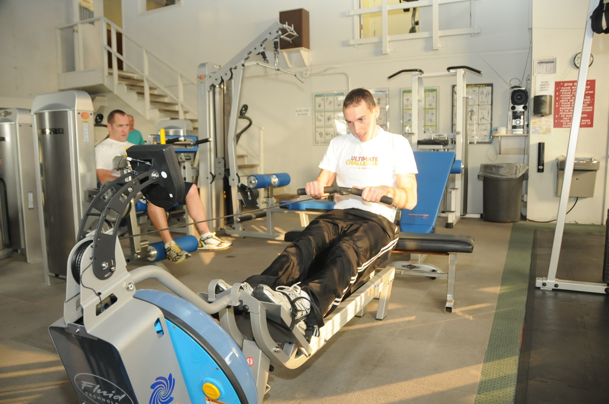 Staff Sgt. Jeff Uberti, 151st Logistics Readiness Squadron, works out on new gym equipment at the Utah Air National Guard Base in Salt Lake City, on Nov. 17, 2010. The base recently purchased $112,000 worth of new equipment to replace older equipment, enhancing the ability of Airmen to maintain top physical conditioning. (U.S. Air Force photo by Master Sgt. Gary J. Rihn)(RELEASED)