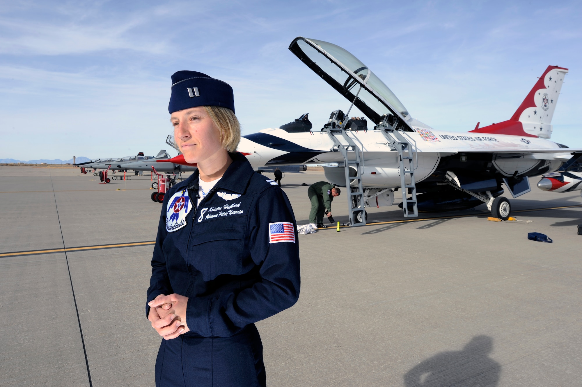 HOLLOMAN AIR FORCE BASE, N.M. -- Capt. Kristan Hubbard, Thunderbird advance pilot and narrator from Nellis Air Force Base, Nev., visits Holloman to meet with base personnel Jan 6, 2011. Captain Hubbard is one of eight pilots scheduled to perform in a Thunderbirds' demonstration at this year's open house scheduled for Oct. 8. Approximately 60 additional personnel will also accompany the team in various support roles. (U.S. Air Force photo by Senior Airman Veronica Stamps/Released)