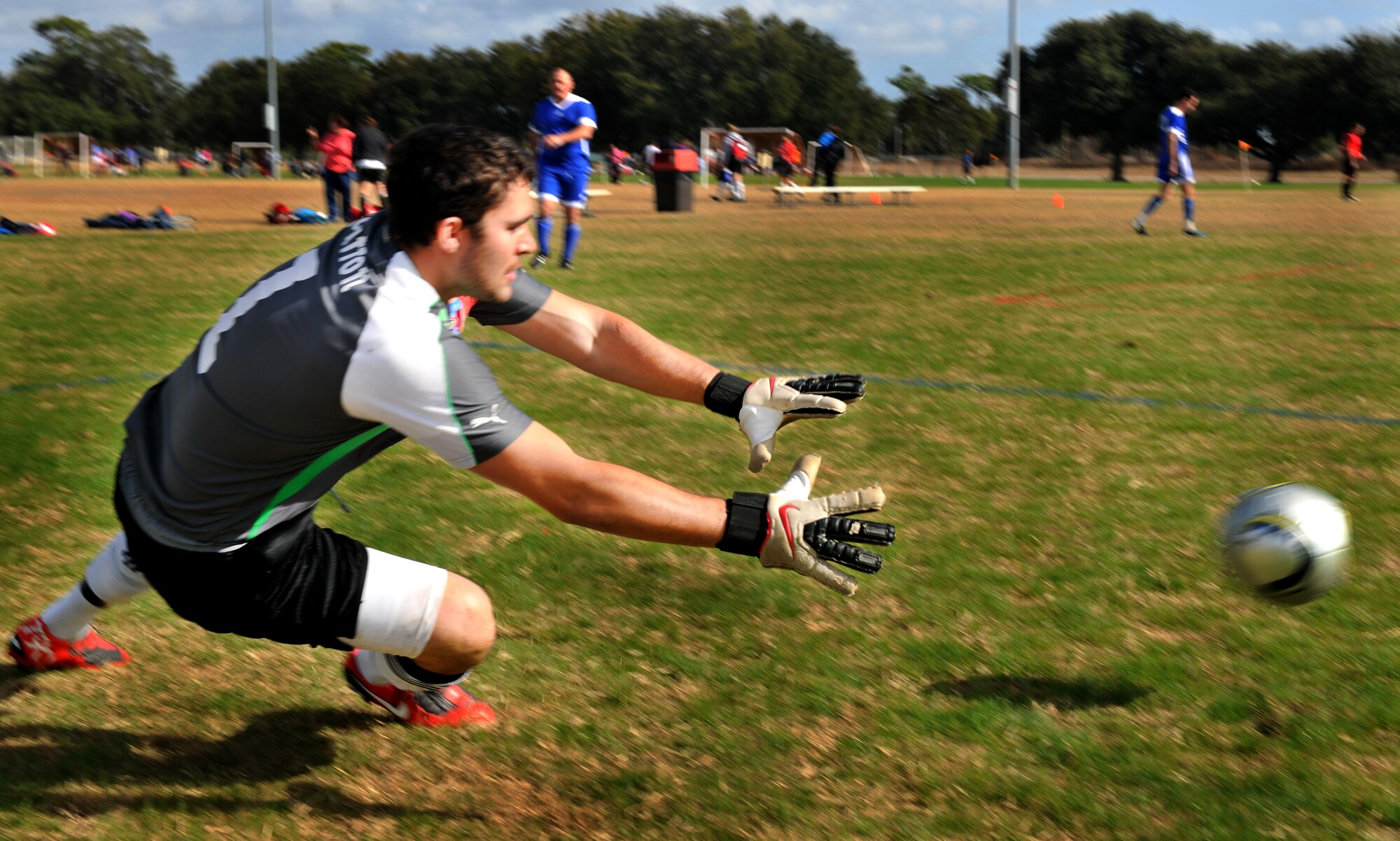 KISSIMMEE, Fl.-- Benjamin Huddleston, goalie from Moody Air Force Base, Ga. prepares to stop a soccer ball during warm ups before Moody’s first game at the Blizzard Blast tournament in Kissimmee, Fl,  Jan. 8. The tournament was a two day tournament with a point elimination system. (U.S. Air Force photo/Airman 1st Class Joshua Green)(RELEASED)
