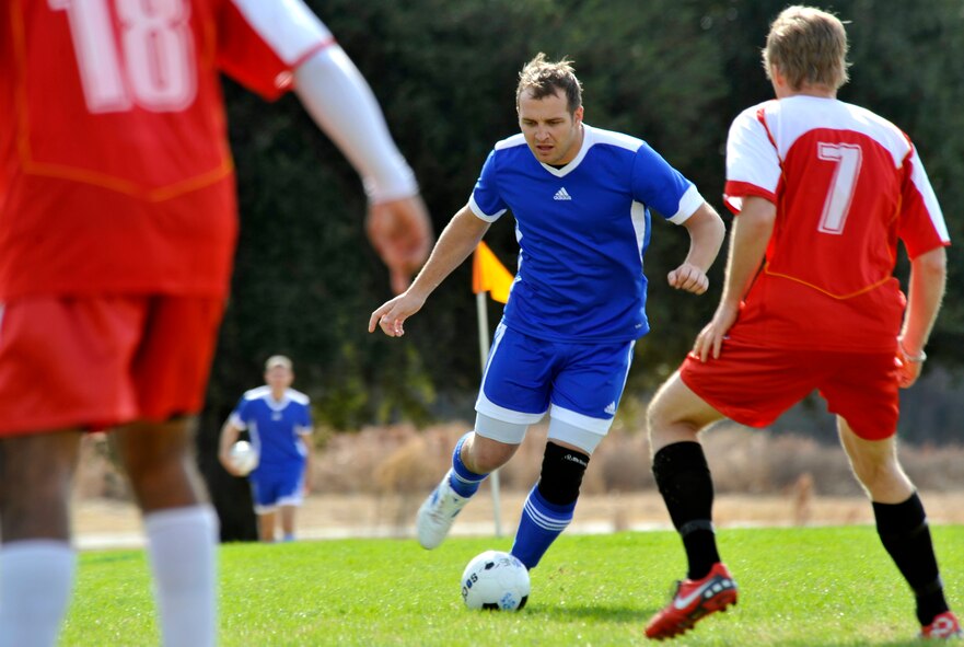 KISSIMMEE, Fl. -- Shane Lafever, from Moody Air Force Base, Ga. dribbles down the field during one of the semi-final matches of the Blizzard Blast soccer tournament Jan. 9. Moody lost this match in sudden death 0-1. (U.S. Air Force photo/Airman 1st Class Nicholas Benroth)(RELEASED)