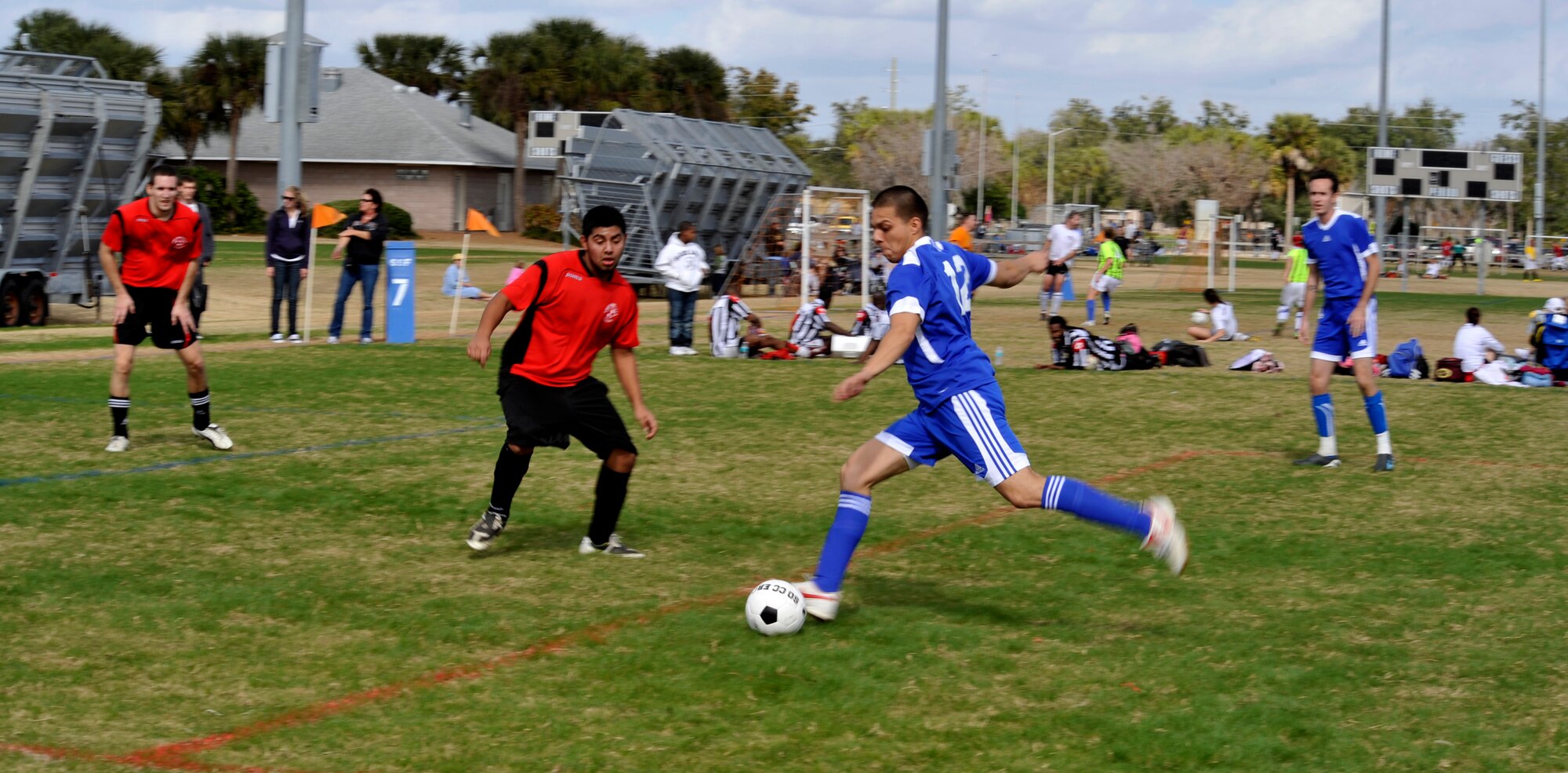 KISSIMMEE, Fl. -- Eder Zegarra, from Moody Air Force Base, Ga. takes a shot at the goal during the Tiger’s game versus Lake Michigan College at the Blizzard Blast soccer tournament Jan. 8.  Zegarra scored two goals during the game to give the Tigers the win 2-0. (U.S. Air Force photo/Airman 1st Class Nicholas Benroth)(RELEASED)
