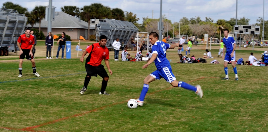 KISSIMMEE, Fl. -- Eder Zegarra, from Moody Air Force Base, Ga. takes a shot at the goal during the Tiger’s game versus Lake Michigan College at the Blizzard Blast soccer tournament Jan. 8.  Zegarra scored two goals during the game to give the Tigers the win 2-0. (U.S. Air Force photo/Airman 1st Class Nicholas Benroth)(RELEASED)
