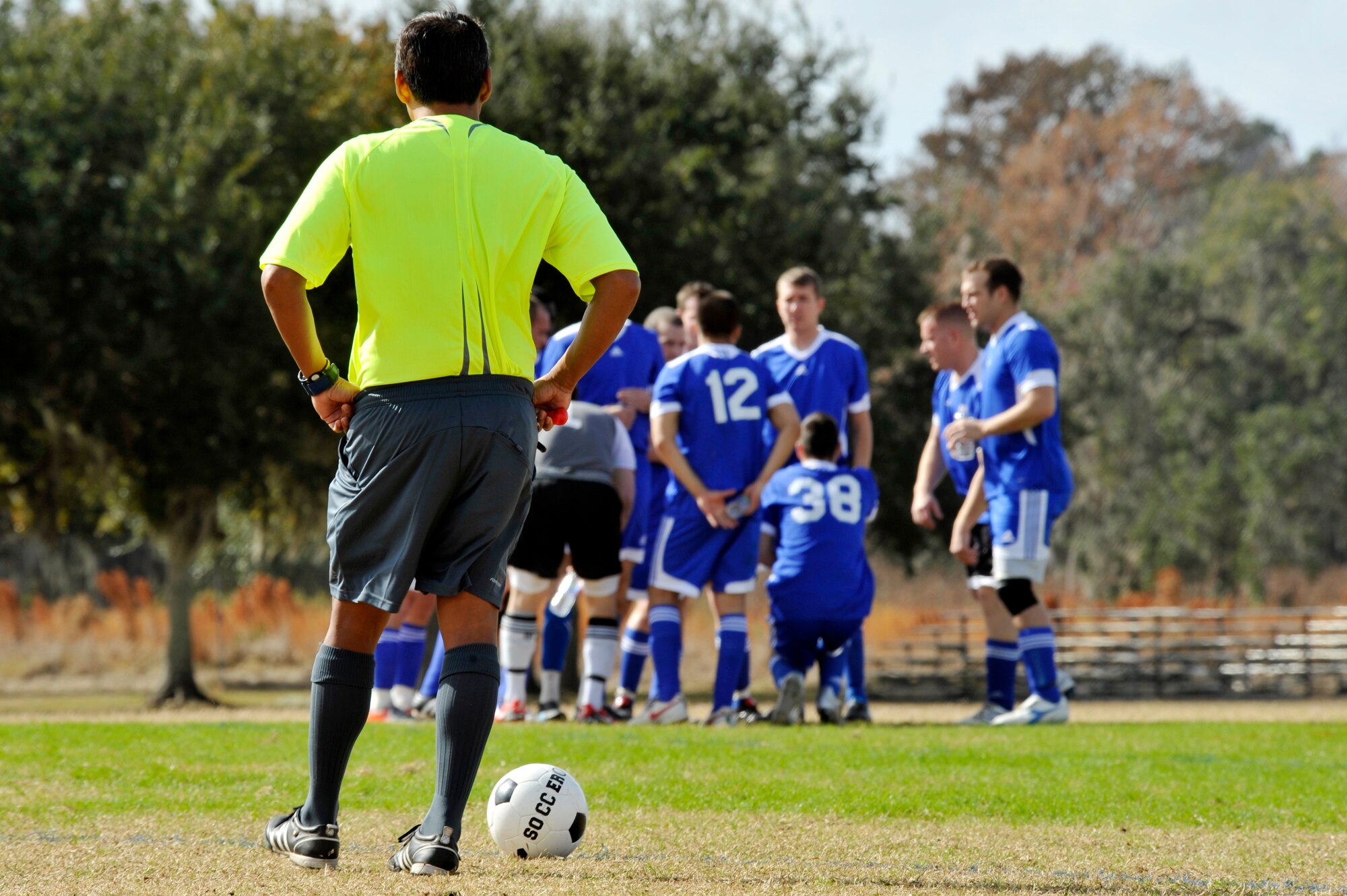 KISSIMMEE, Fl. -- A referee for the Blizzard 
Blast soccer tournament waits for the teams during halftime at the Austin Tindall Soccer complex Jan. 8. The teams are given three minutes to rest and discuss what happened during the first half. (U.S. Air Force photo/Airman 1st Class Nicholas Benroth)(RELEASED)
