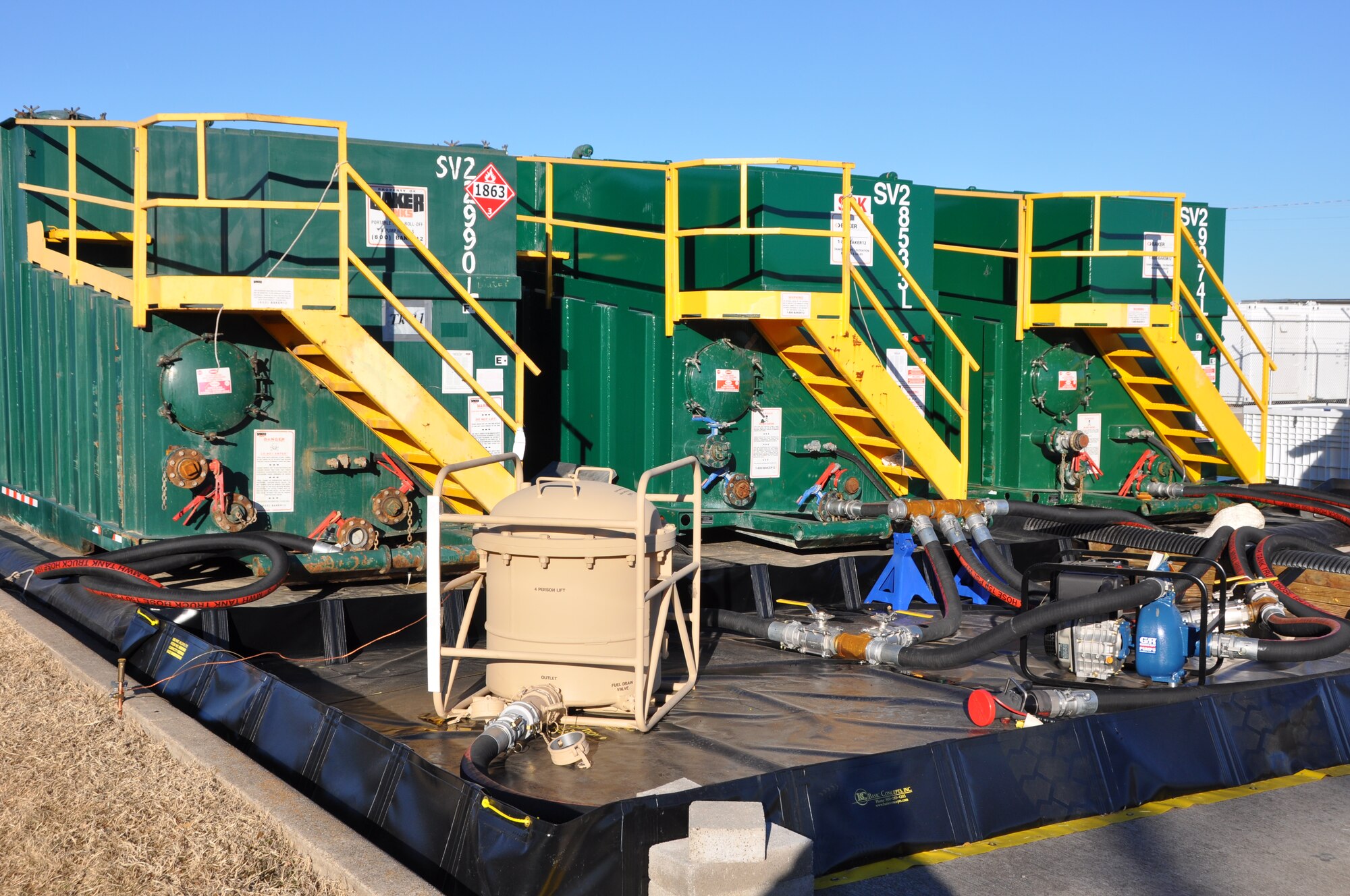 The alternative fuel system used specifically for the field service evaluation includes containers that hold 20,000 gallons of fuel each and quality control devices that filter the fuel before it is used. The fuel system was built by the 301st Fuels Management Flight. (U.S. Air Force photo/SrA Melissa Harvey)