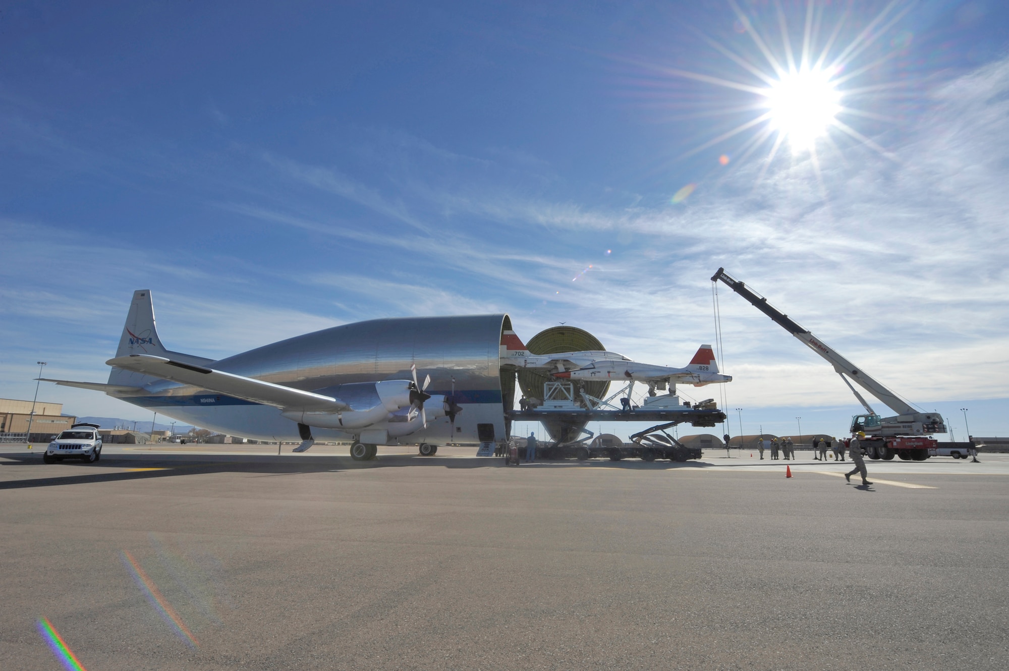 Two T-38 Talons sit inside NASA's Super Guppy aircraft Dec. 14, 2010, after being shipped to Holloman Air Force Base, N.M. The shipment is the first two of 15 T-38s to be shipped to Holloman AFB to be inspected and regenerated before being flown to Joint Base Langley-Eustis, Va. M1 Support Services officials maintain the T-38 Consolidated Aircraft Maintenance program and is the main depot in Air Combat Command for repairing the T-38s. After every 450 flight hours at their operating location, the T-38s will come back for an inspection. (U.S. Air Force photo/Senior Airman Veronica Stamps)