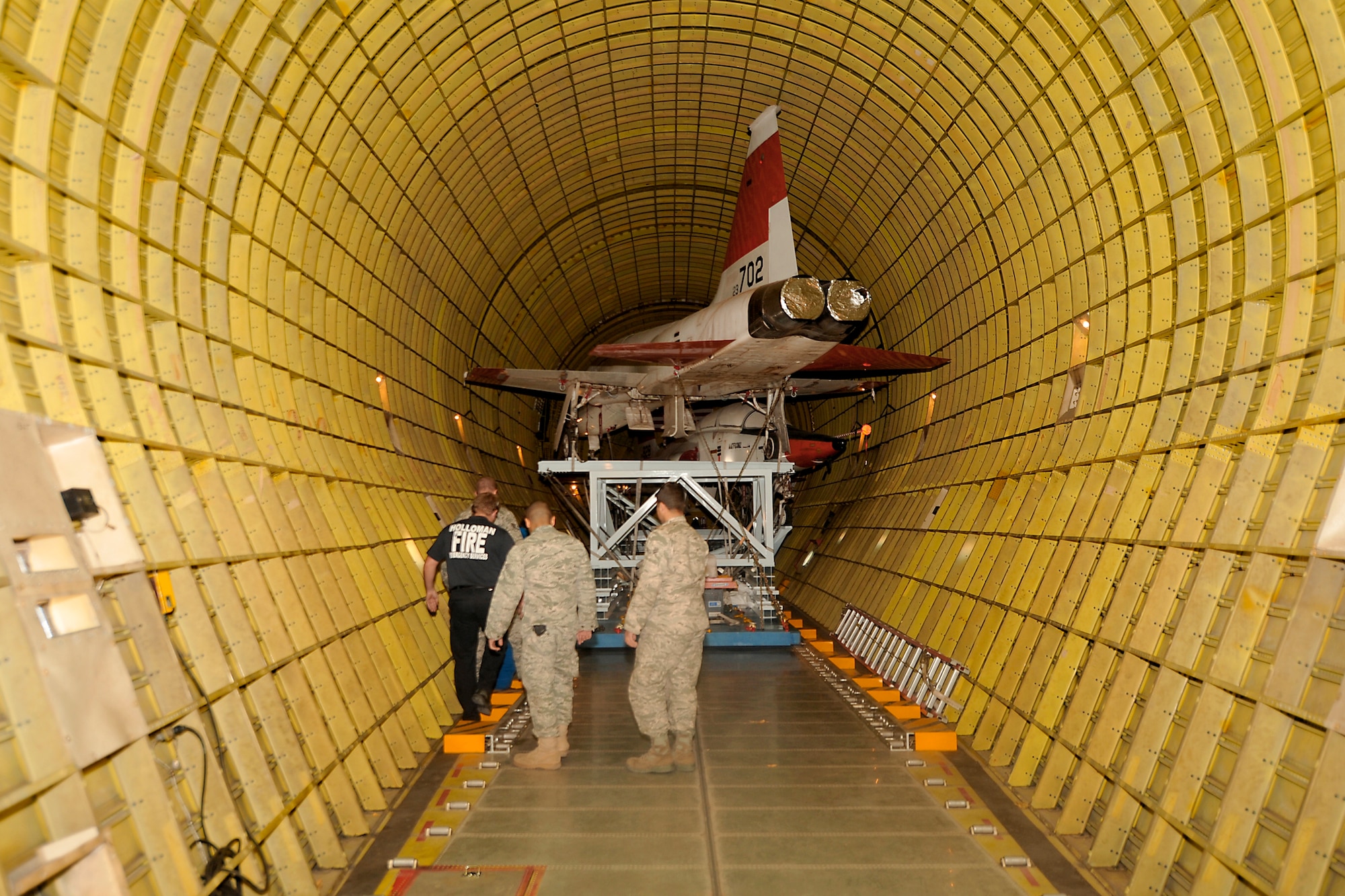 Two T-38 Talons sit inside NASA's Super Guppy aircraft Dec. 14, 2010, after being shipped to Holloman Air Force Base, N.M. The shipment is the first two of 15 T-38s to be shipped to Holloman AFB to be inspected and regenerated before being flown to Joint Base Langley-Eustis, Va. M1 Support Services officials maintain the T-38 Consolidated Aircraft Maintenance program and is the main depot in Air Combat Command for repairing the T-38s. After every 450 flight hours at their operating location, the T-38s will come back for an inspection. (U.S. Air Force photo/Senior Airman Veronica Stamps)