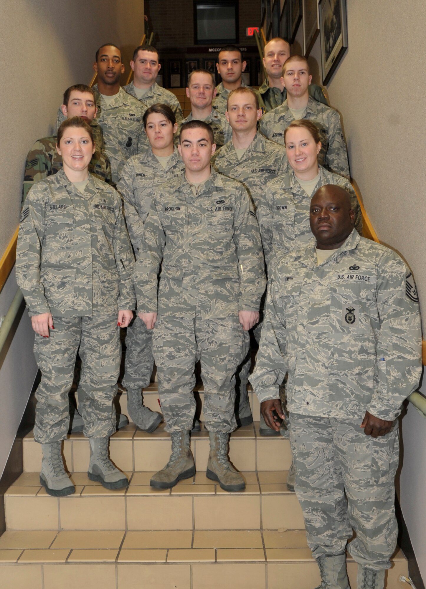 The 931st Air Refueling Group welcomed the following individuals into the organization during the January unit training assembly, Jan 8-9. Pictured are:
Front row: Master Sgt. Reginald Smith. Second row, left to right: Staff Sgt. Cori B. Sullard,  Airman 1st Class Kyle W. Brogdon, Airman 1st Class Kaitlyn S. Brown. Third row, left to right: Senior Airman Drew Williams, Airman 1st Class Emile K. Owen, Airman 1st Class Drew D. Mantei. Fourth row, left to right: Airman 1st Class Bronsha L. Smith, Maj. Robert T. Thompson, Airman 1st Class Dillon C. Jetton. Back row, left to right: Staff Sgt. Justin L. Nichols, 