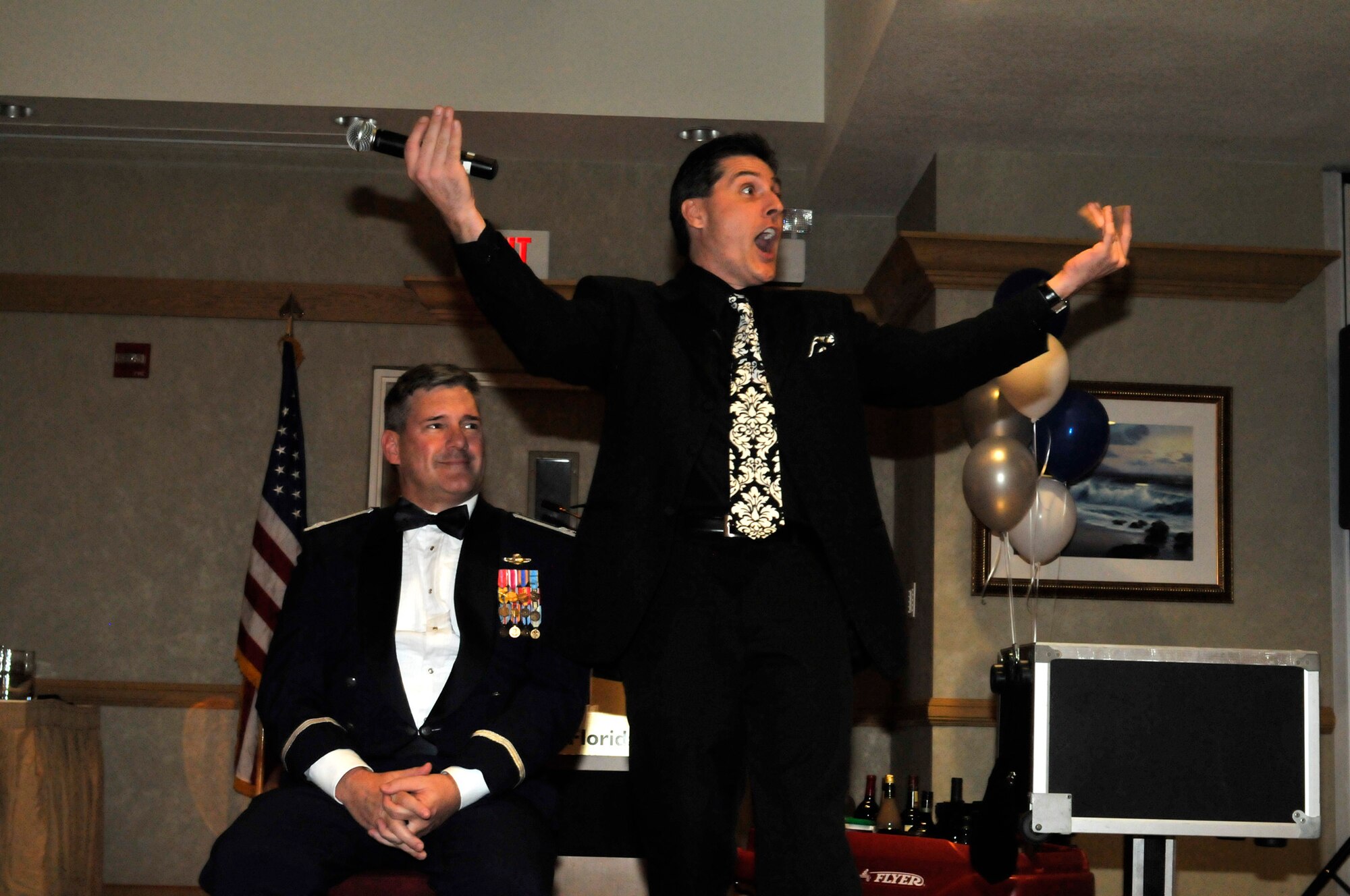 PATRICK AIR FORCE BASE, Fla. - During the Air Force Reserve's 920th Rescue Wing's fifth annual military ball January 8 in Cocoa Beach, Fla., a comedian/magician used the 920th Rescue Wing Vice Commander, Col. Philip Manning, as a volunteer for one of his magic acts. Many of the 220 in attendance said they enjoyed the comedian's antics during the ball because he used audience participation. (U.S. Air Force photo/Capt. Ryan Liss).