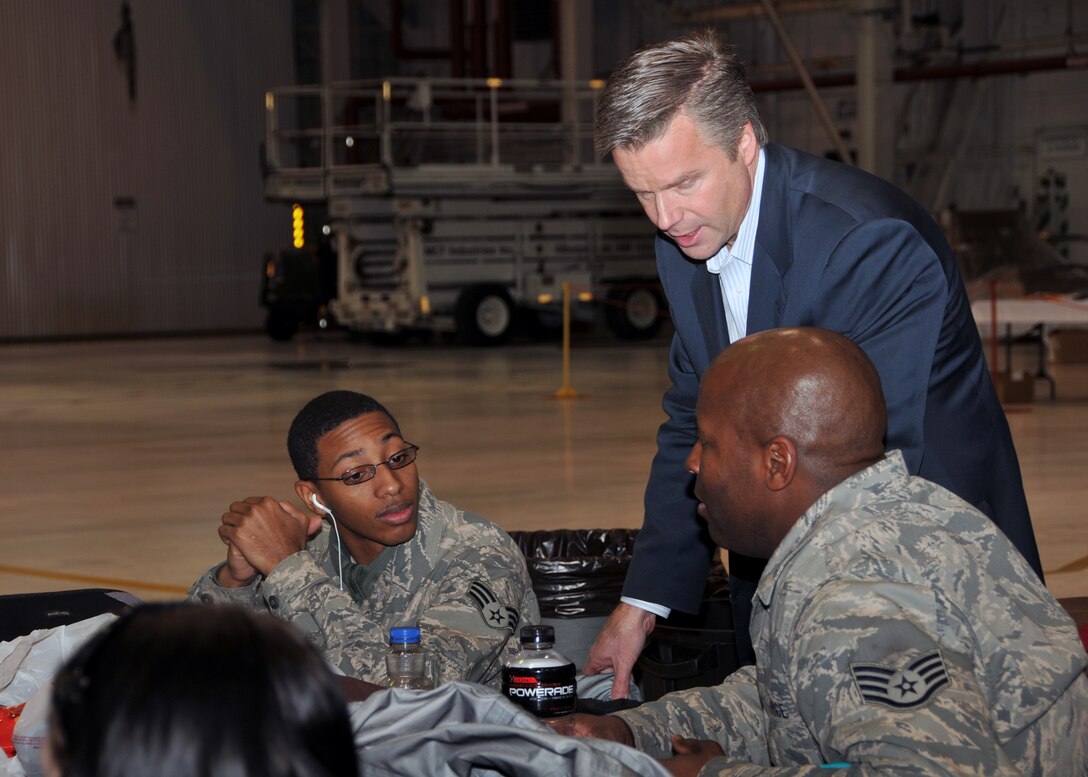 Congressman Chris Lee visits the Niagara Falls Air Reserve Station to meet with deploying airmen from the 914th and 107th Airlift Wings January 8 2011, Niagara Falls, NY. Congressman Lee during his visit personally thanked the airmen who are being deployed to an undisclosed location in south west Asia for their service. (U.S. Air Force Photo by Staff Sgt. Joseph McKee)