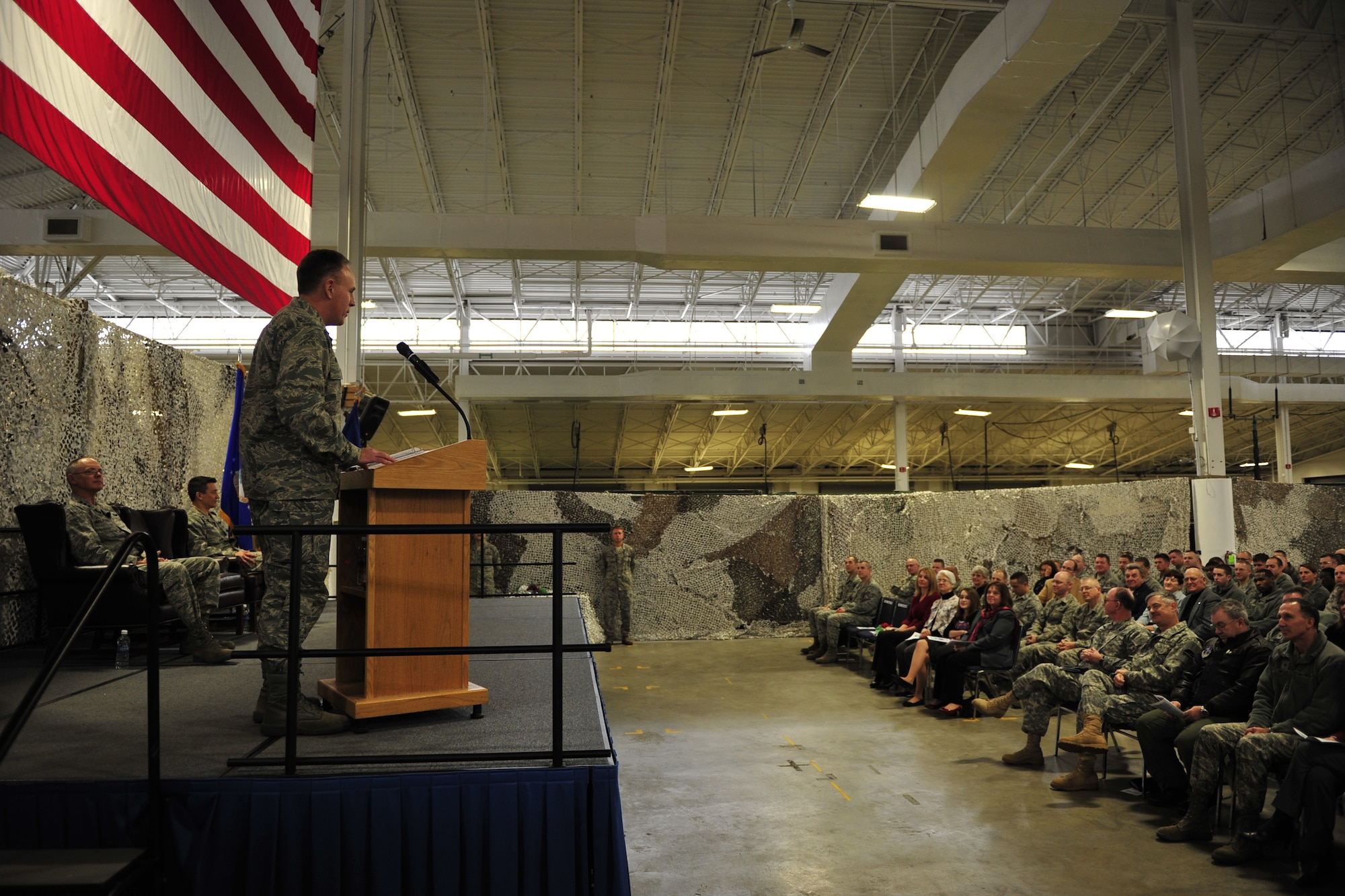 JOINT BASE MCGUIRE-DIX-LAKEHURST, N.J. -- Brig. Gen. Scott Goodwin speaks to Airmen at the 621st Contingency Response Wing Global Reach Deployment Center here Jan. 7 immediately after taking command of the 21st Expeditionary Mobility Task Force.  General Goodwin took command from Brig. Gen. Michael Kim, who will be returning to his duties as the mobilization assistant to the director of operations at Air Mobility Command headquarters, Scott Air Force Base, Ill. (U.S. Air Force photo / Tech. Sgt. Parker Gyokeres)(released)