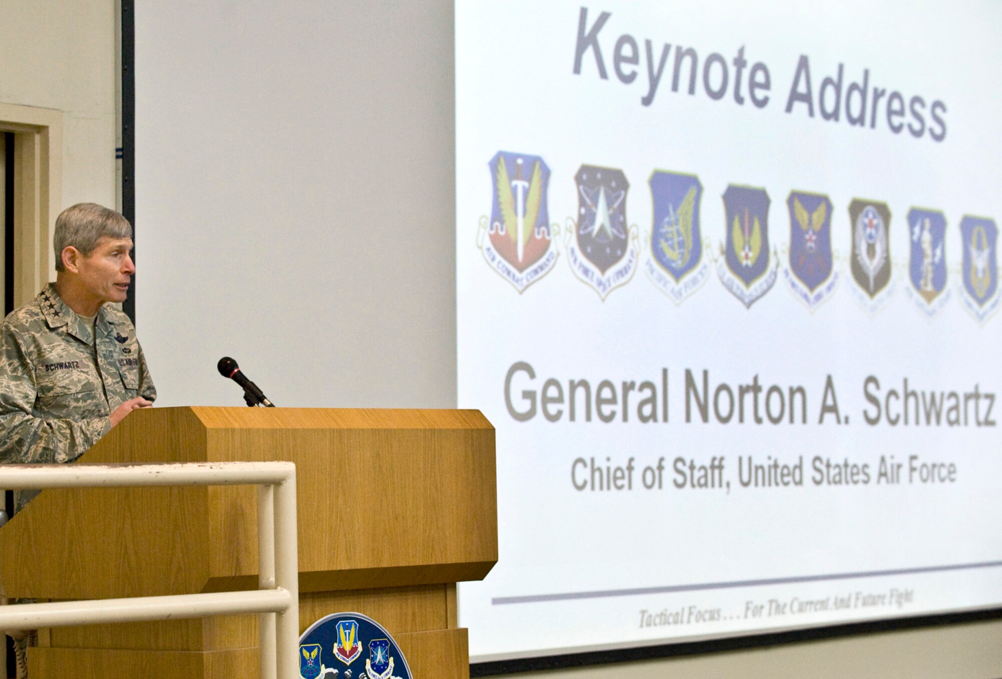 Air Force Chief of Staff Gen. Norton Schwartz delivers opening remarks at the Combat Air Forces Weapons and Tactics Conference Jan 10, 2011, at Nellis Air Force Base, Nev. WEPTAC is an annual event that brings together hundreds of war fighters to discuss current issues, to look at future issues and to provide solutions for joint employment of forces. (U.S. Air Force photo/Lawrence Crespo)