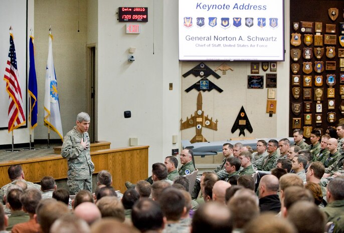 NELLIS AIR FORCE BASE, Nev. - Air Force Chief of Staff Gen. Norton Schwartz delivers opening remarks at the Combat Air Forces Weapons and Tactics Conference here Jan 10.  WEPTAC is an annual event that brings together hundreds of war fighters from the CAF to discuss current issues, to look at future issues, and to provide solutions for joint employment of forces. (U.S. Air Force photo by Lawrence Crespo) 

